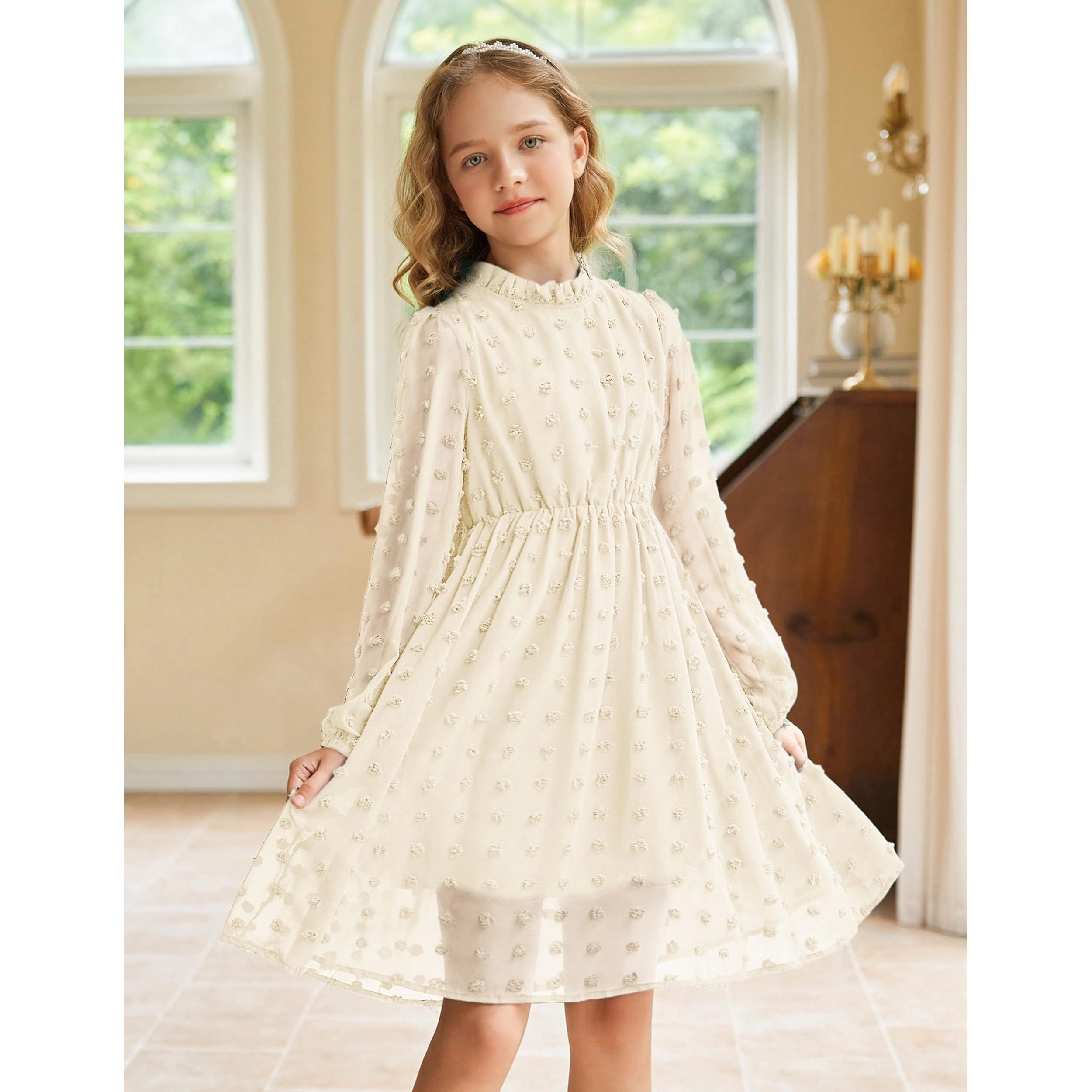 Arshiner Tween Girls Long Sleeve Fall Dresses Swiss Dot Casual Party Dress