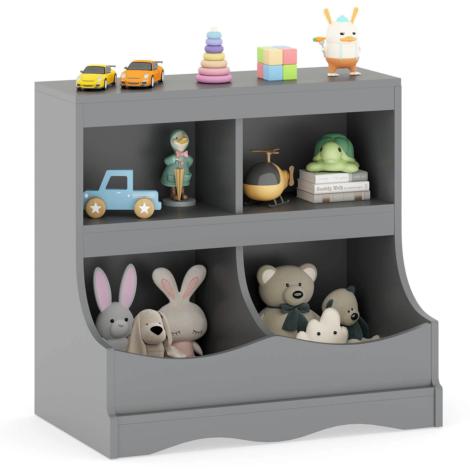 Costway Toy Storage Organizer for Toys & Books 4-Cubby Kids Bookcase Children's Room Gray