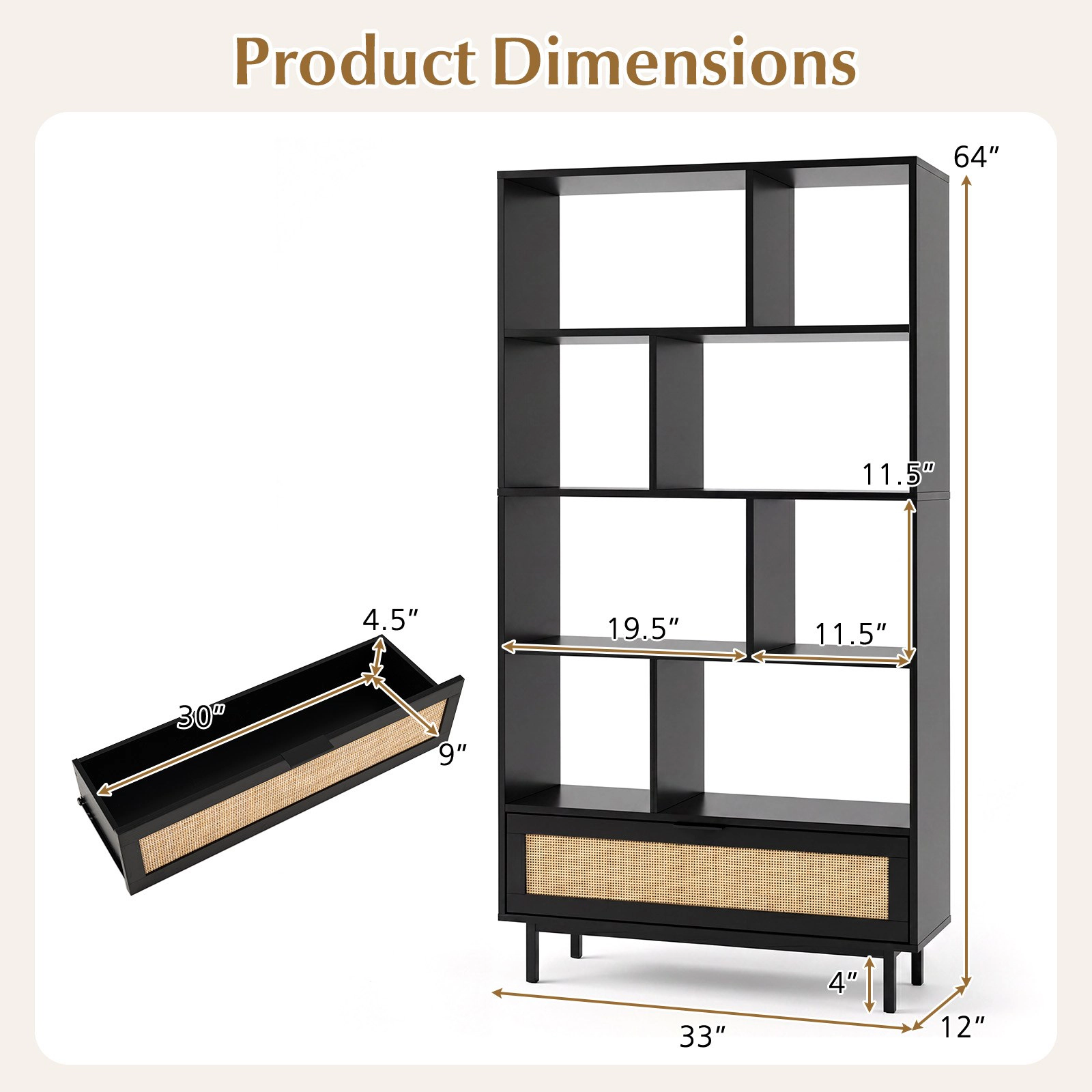 Costway Wooden Bookcase,6-Tier Bookshelf with 8 Open Cubes, Rattan Drawer & Metal Legs Natural