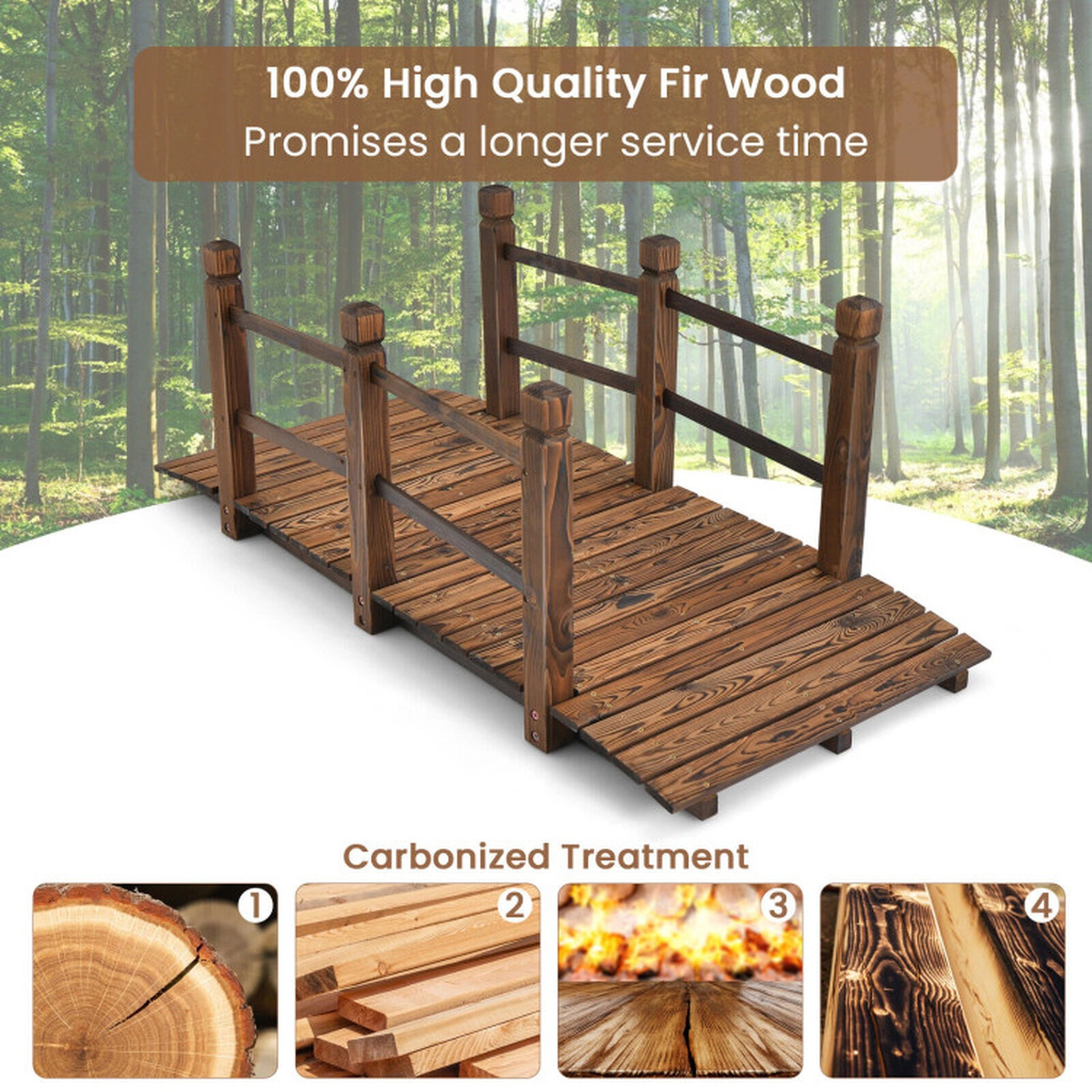 SUGIFT 5-Foot Fir Wood Garden Bridge with Safety Rails 400-lb Capacity 59-in Long Natural Wood/Stained Wood 1-Pc