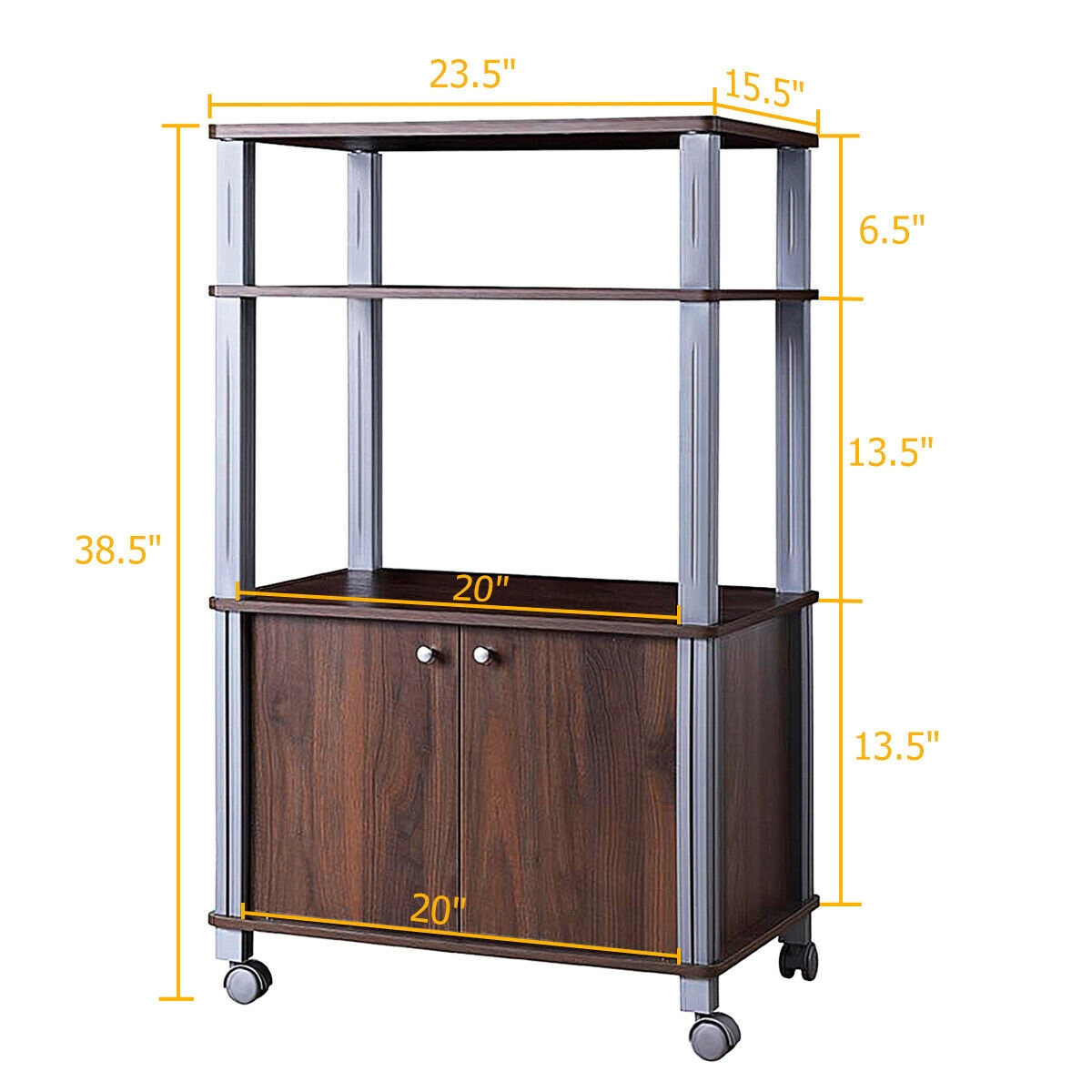 SUGIFT Microwave Rack Stand Walnut Rolling Storage Cart with 2-Door Cabinet