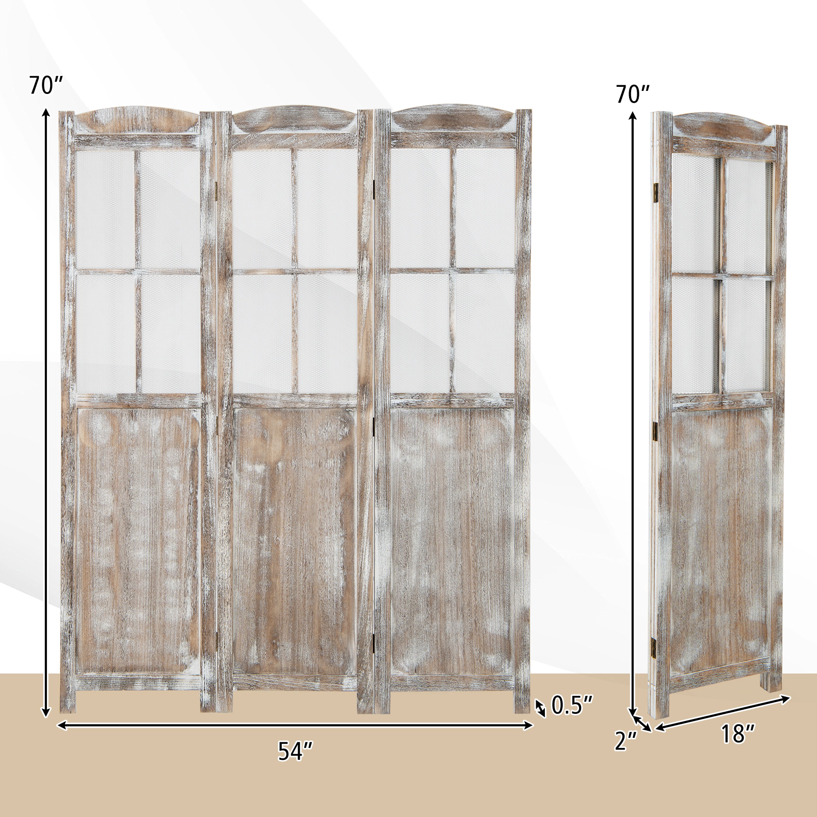 SUGIFT Coffee 54-in Wide 70-in Tall Folding Privacy Screen Room Divider with Paulownia Wood Mesh Windows