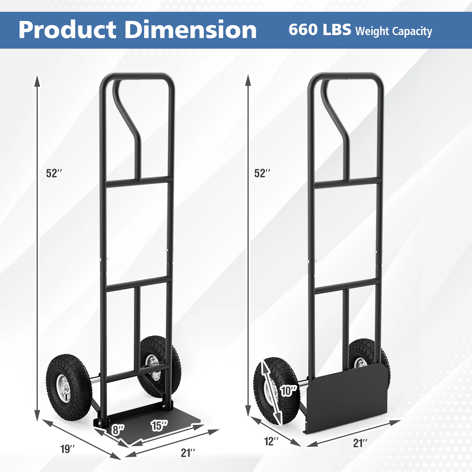 SUGIFT Folding Load Plate P-Handle Steel Frame Hand Truck 21-in x 19-in x 52-in 660-lb Capacity 10-in Wheels Black