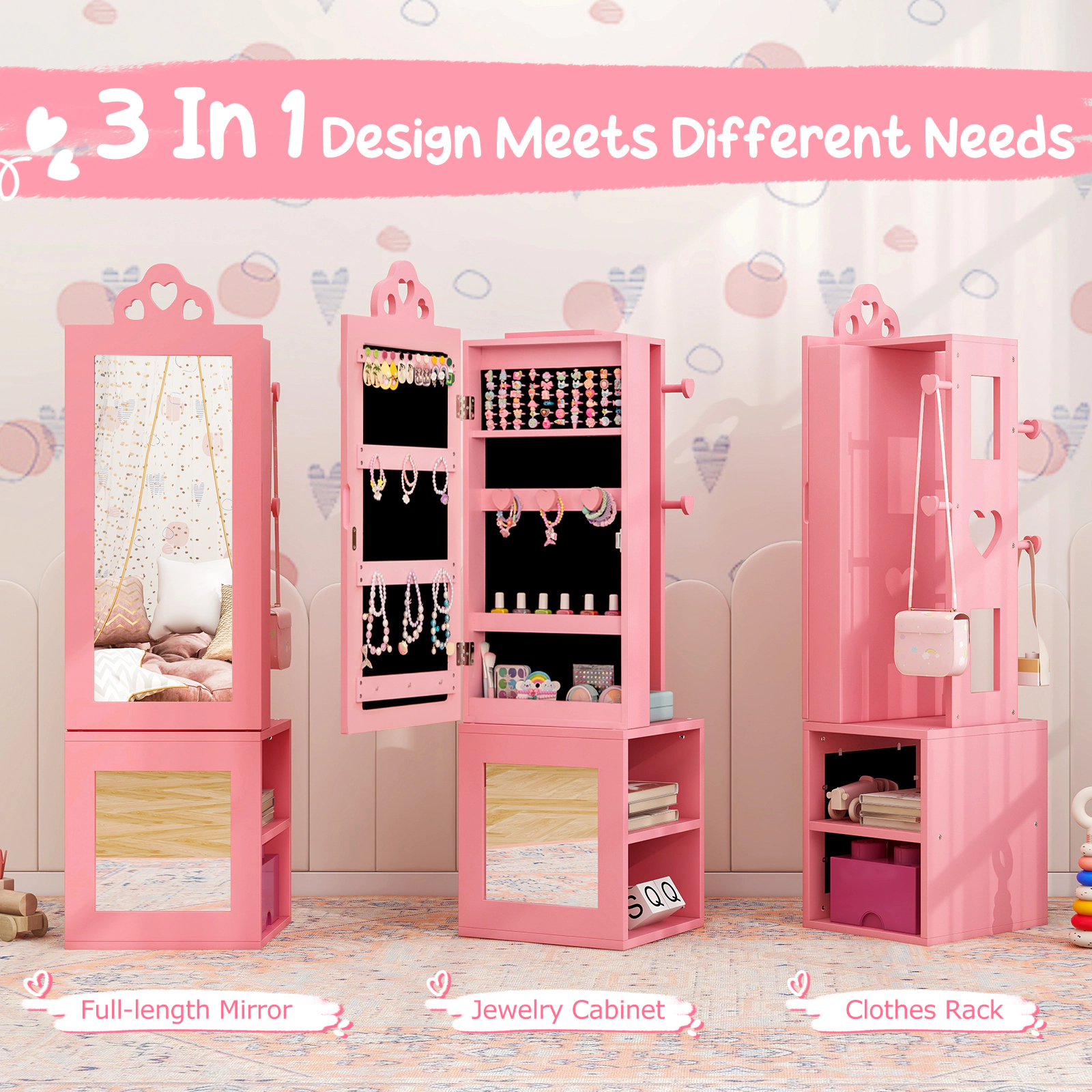 SUGIFT Freestanding Jewelry Armoire and Full-Length Mirror Kids Vanity Table Stool Set