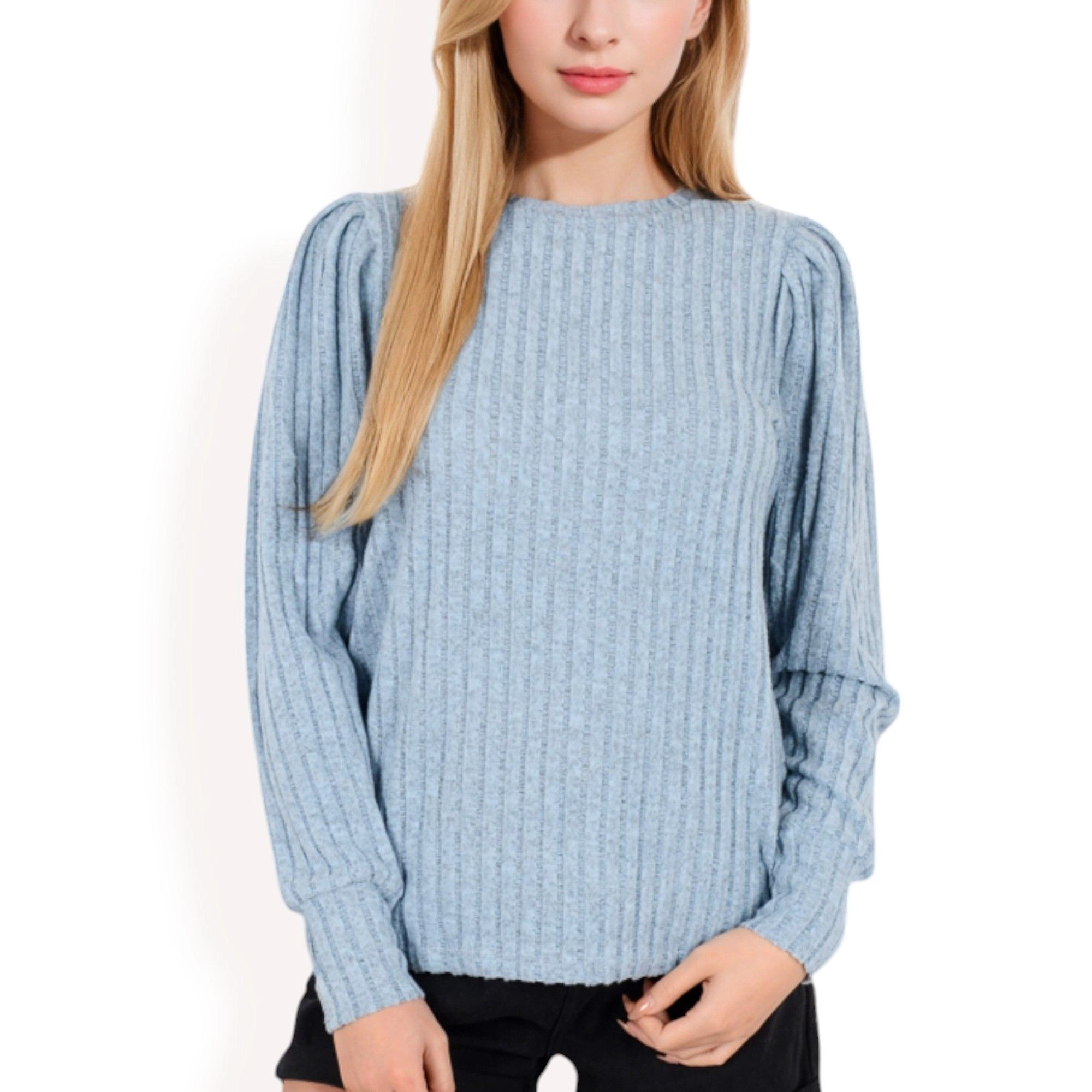 Anna-Kaci Women's Gathered Shoulder Crew Neck Long Sleeve Ribbed Knit Sweater