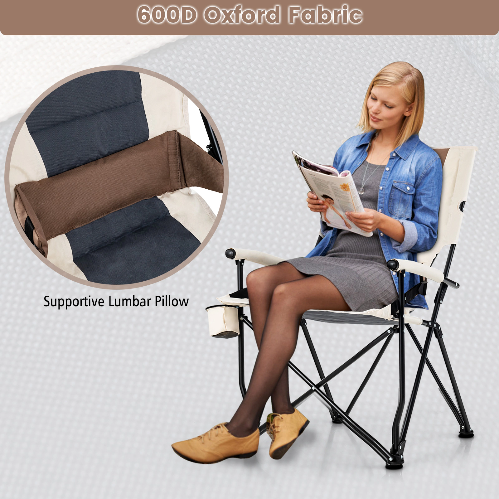 SUGIFT White Folding Camping Chair with Lumbar Pillow and Cup Holder 25-in W 28.5-in D 40-in H 330-lb Seat Capacity