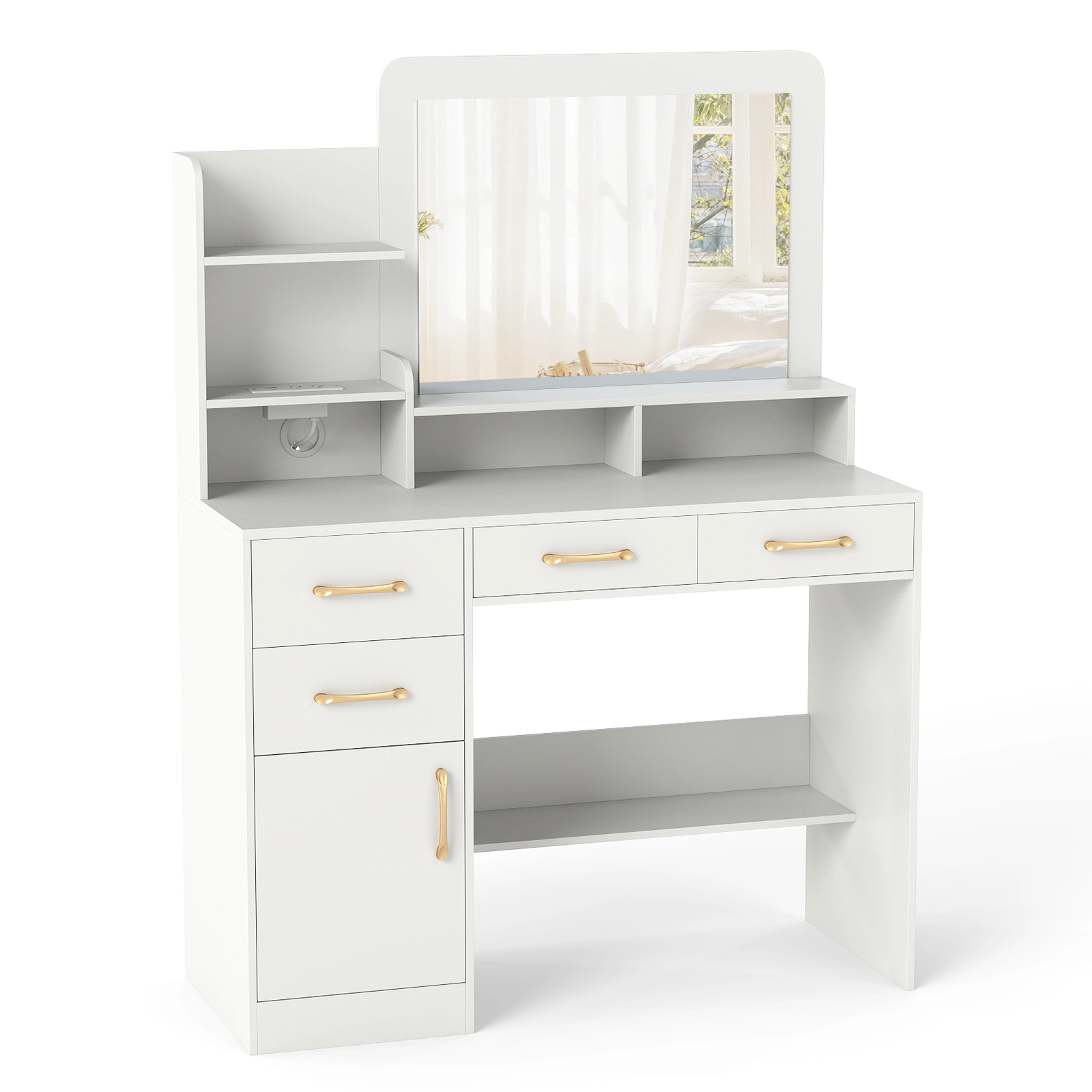 SUGIFT 39.5-in Wide Engineered Wood Vanity Desk with Power Outlets, 23 x 17-in Mirror and Storage 188-lb Capacity White