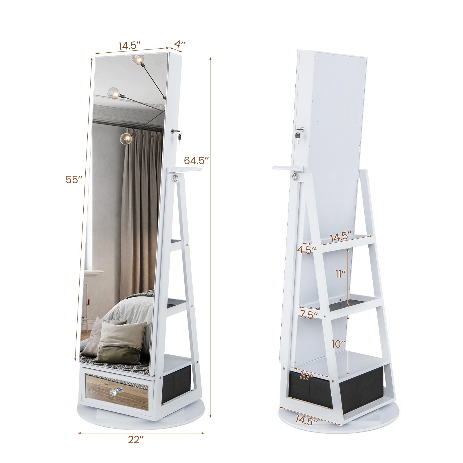 SUGIFT Lockable 360° Swivel Jewelry Cabinet with Full-Length Mirror LED Lights and Makeup Shelf White
