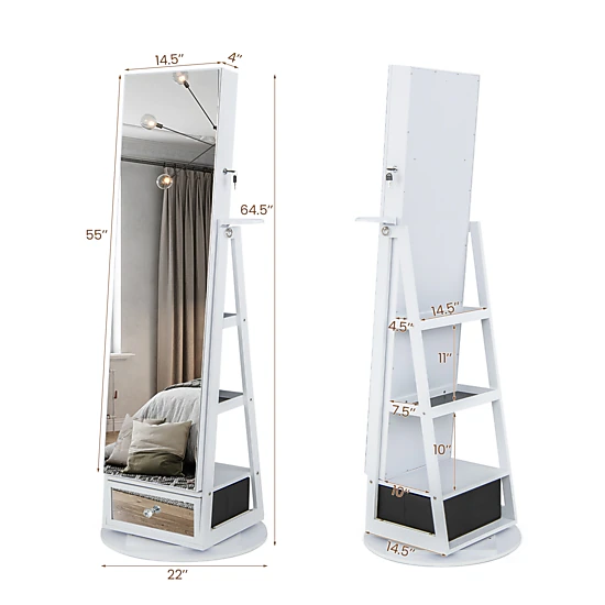 SUGIFT Lockable 360° Swivel Jewelry Cabinet with Full-Length Mirror LED Lights and Makeup Shelf White