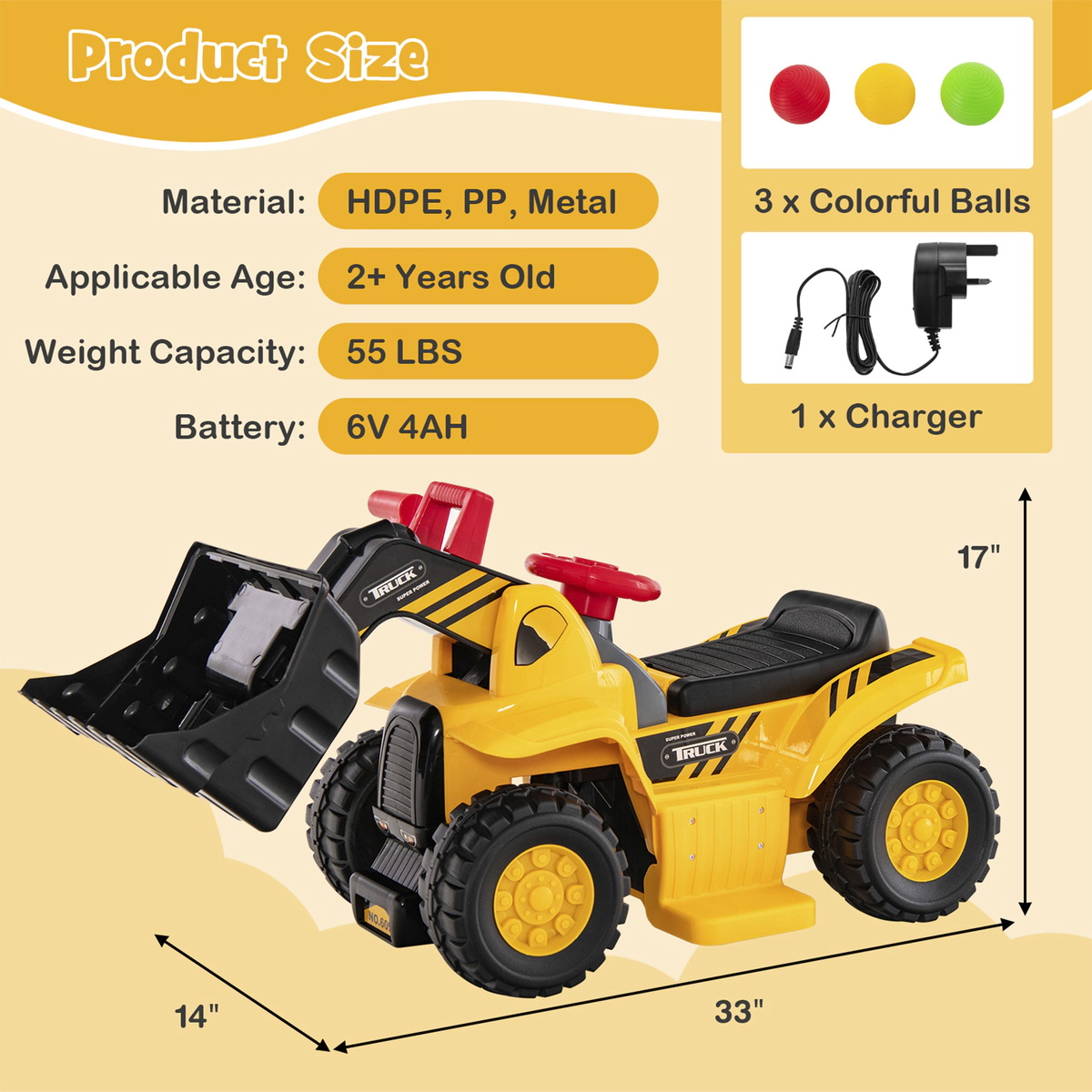 SUGIFT 6V Kids Ride On Bulldozer with Folding Basketball Hoop and 3 Spheres 55-lb Capacity Ages 2+ Yellow