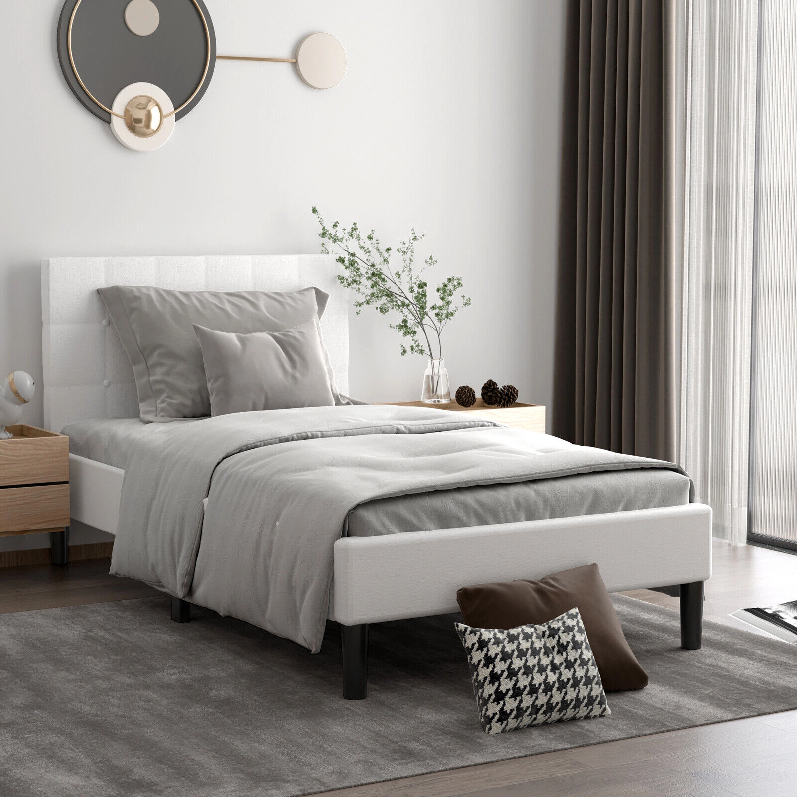 SUGIFT Twin Upholstered Platform Bed, Button-Tufted Headboard, Padded Side Rails, Beige Fabric, 11 Support Legs