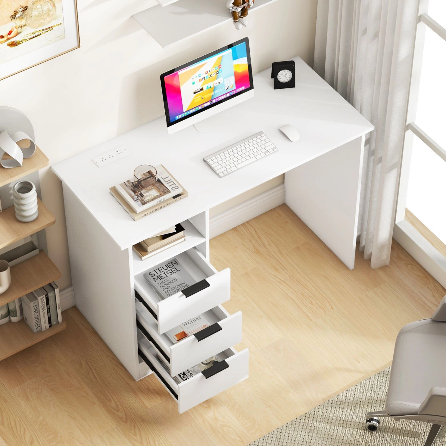 SlickBlue Modern Writing Desk with 3 Drawers, Storage and Power Outlets