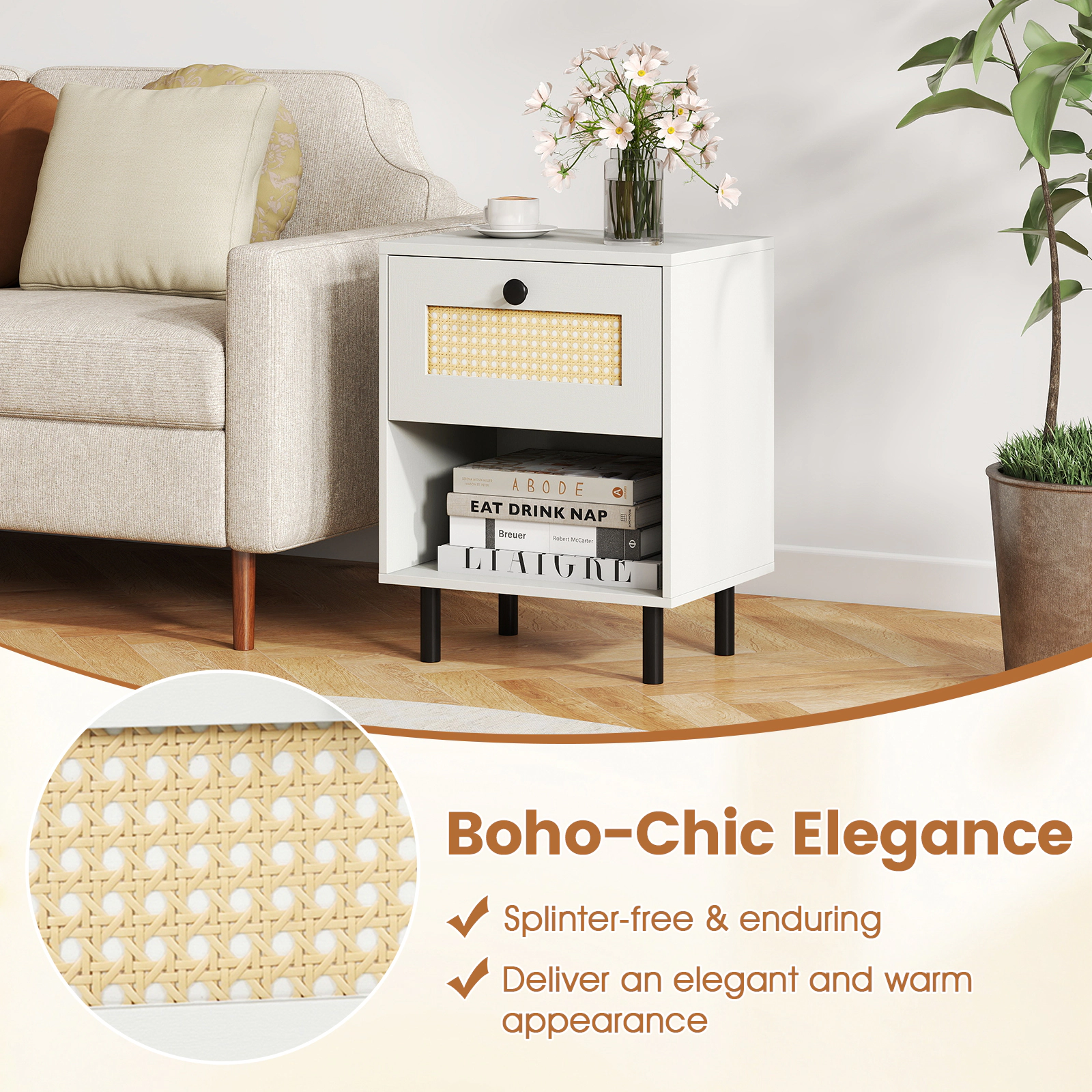 SUGIFT Rattan Drawer Nightstand Boho End Table with Open Shelf 20.5-in Tall 66-lb Tabletop Capacity Natural/White