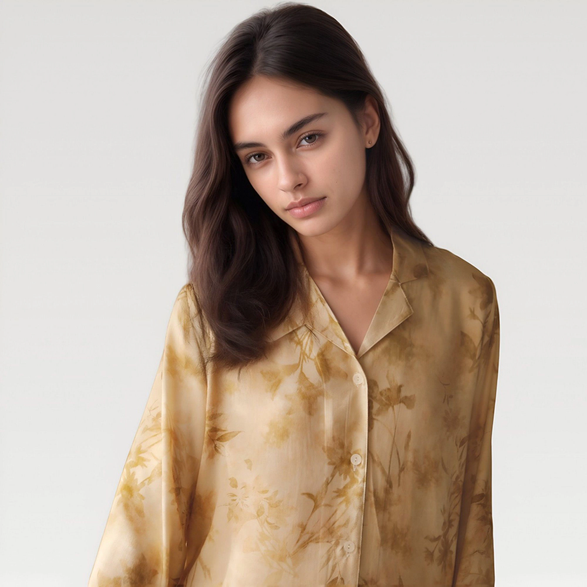 Anna-Kaci Women's Satin Pajama Set with Golden Botanical Print Long Sleeve Button Up Top and Relaxed Fit Pants