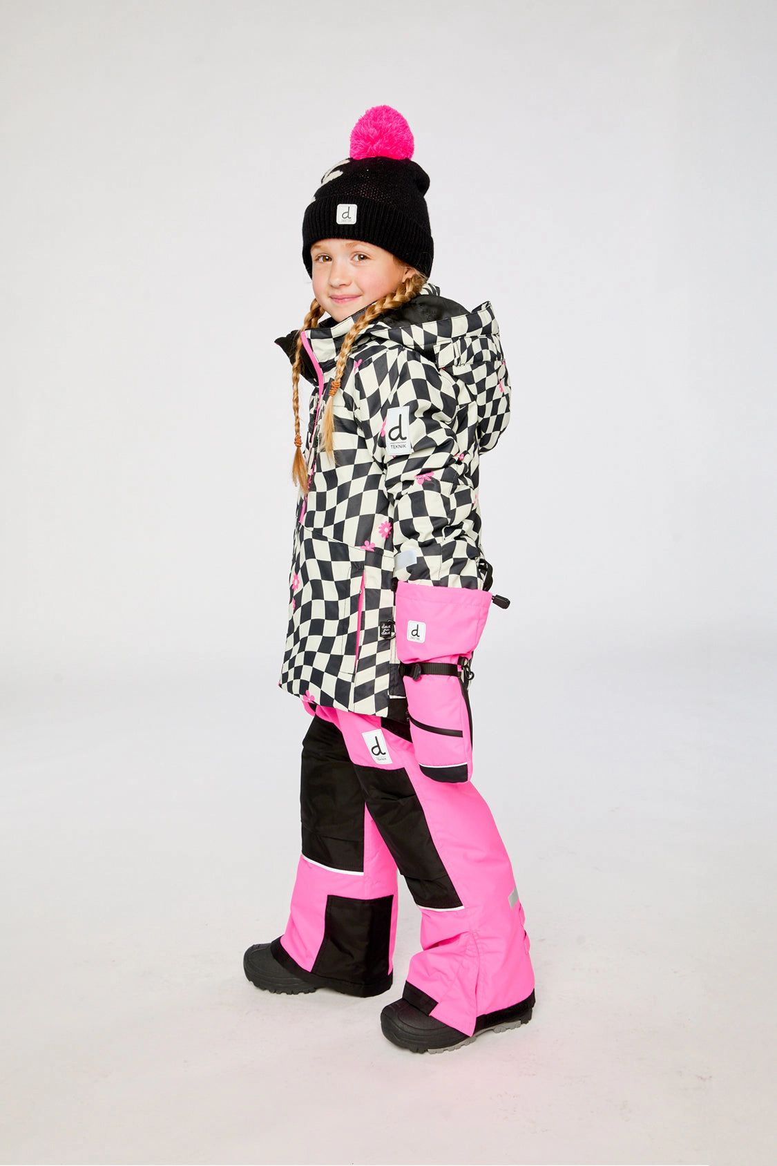 Deux par Girls Two Piece Teknik Checkered Print Snowsuit with Hooded Jacket and Snow Pants