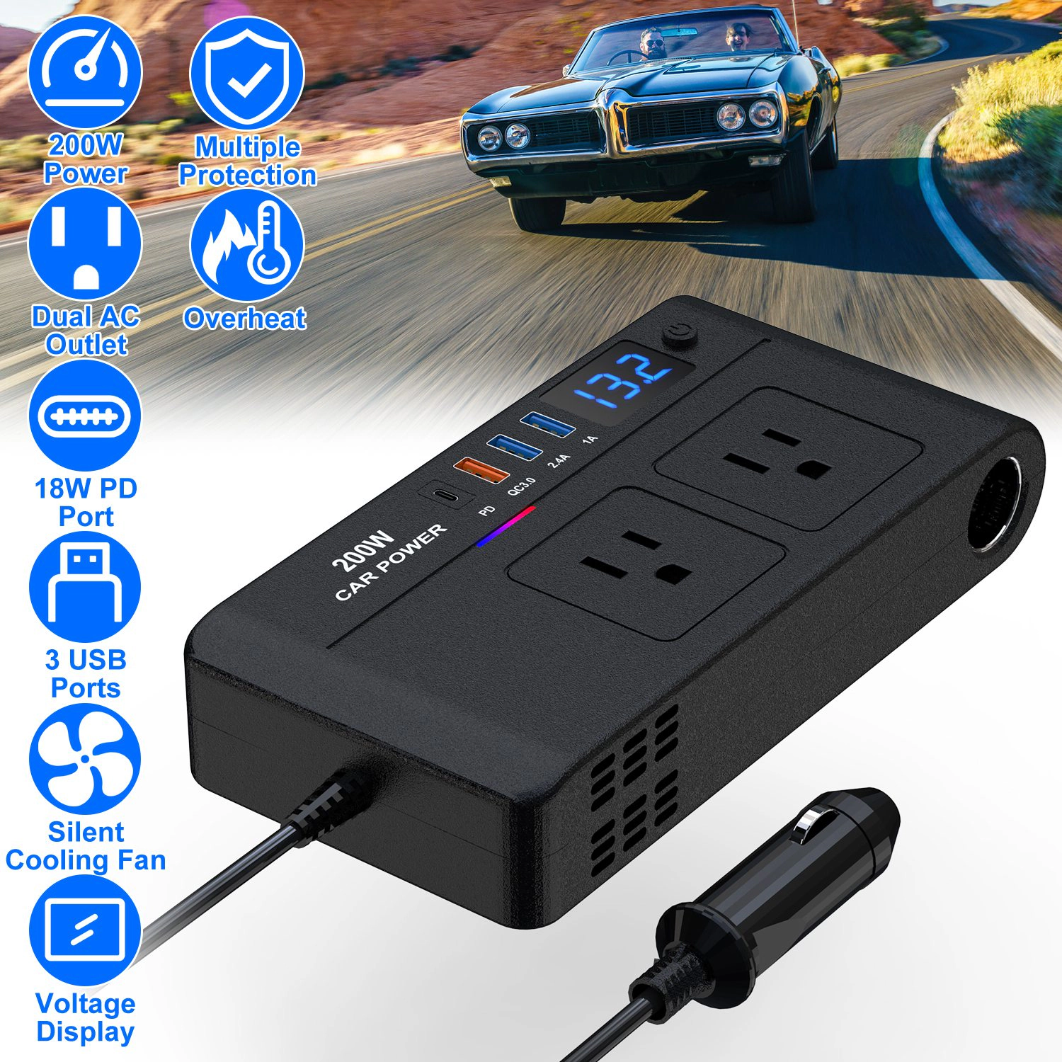 GBruno 200W Car Power Inverter DC 12V To AC 110V