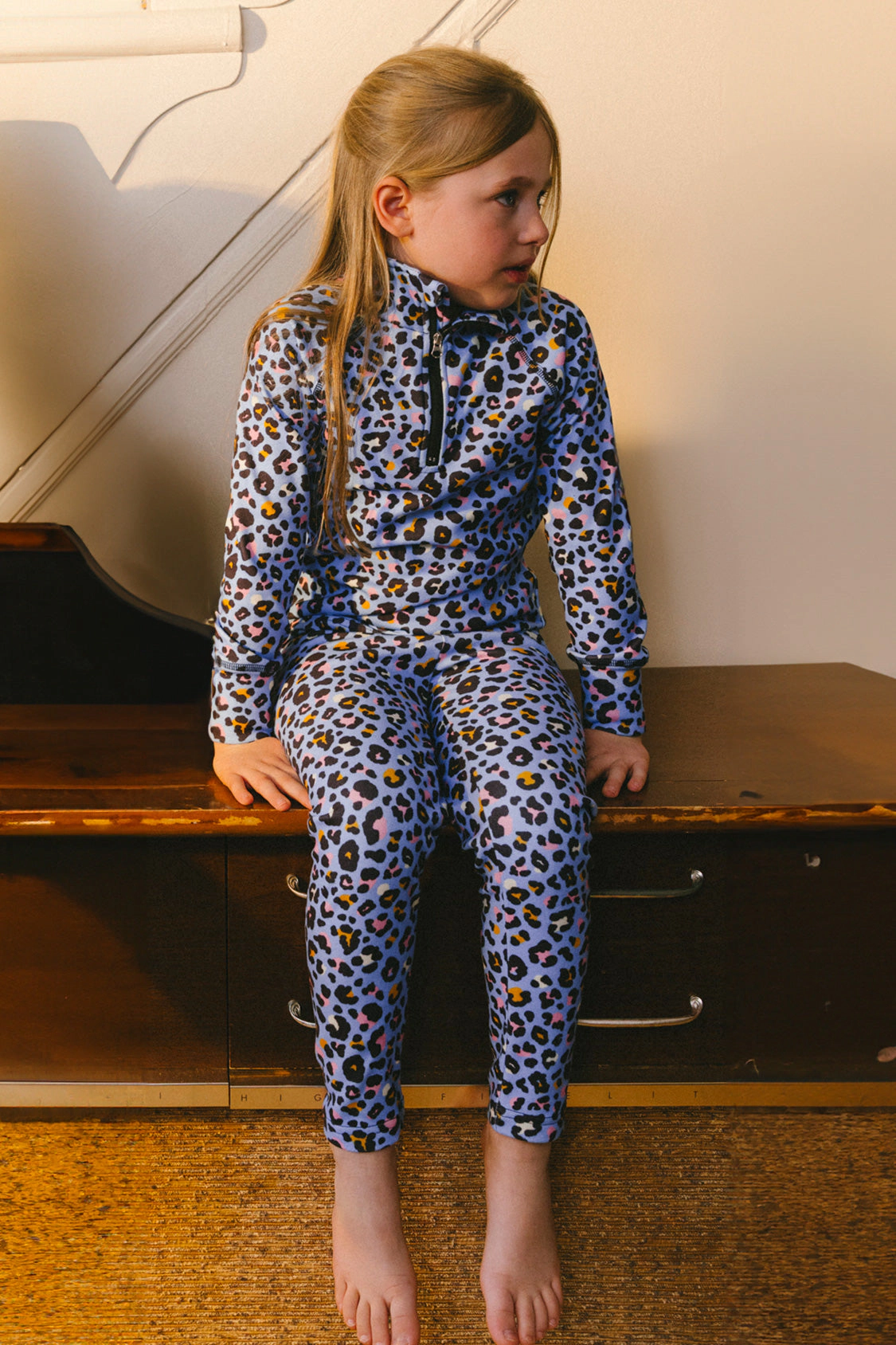 Deux par Girls Two Piece Leopard Print Half-Zip Thermal Underwear Top and Pants Set