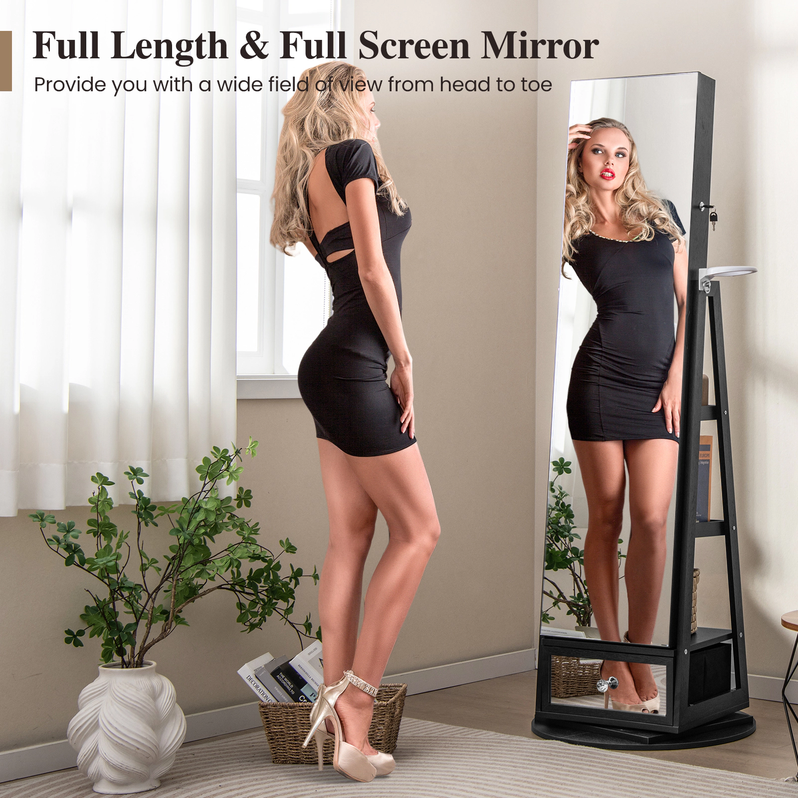 SUGIFT 64.5 in Swivel Jewelry Cabinet Black Lockable Armoire with LED Lights and Hair Dryer Rack