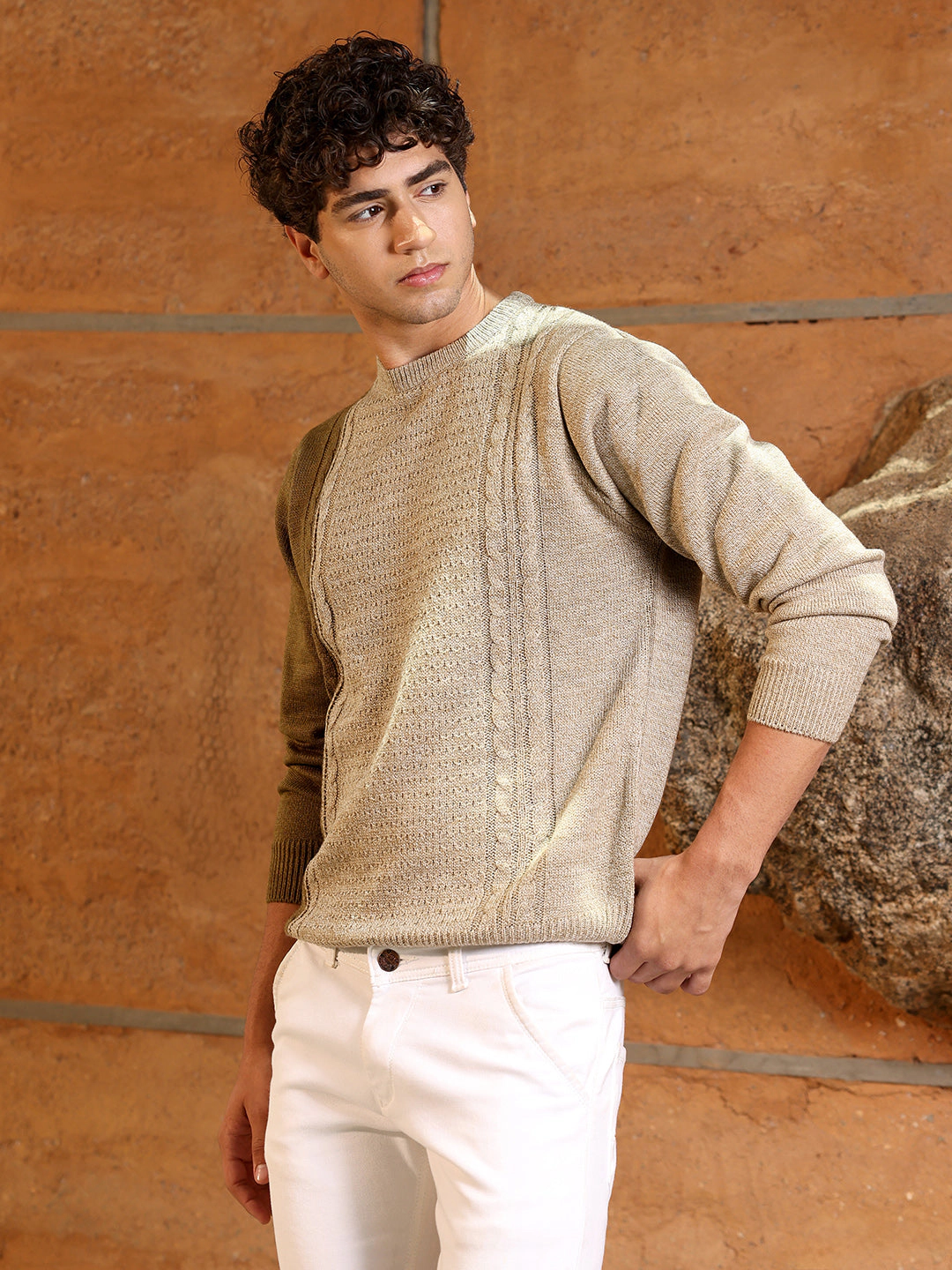 Campus Sutra Contrast Panel Pullover Sweater - Men’s Crew Neck Long Sleeve