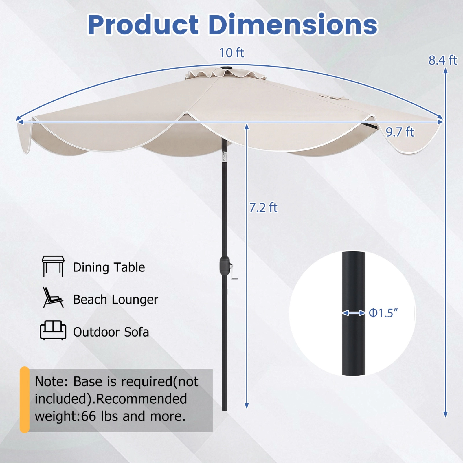 SUGIFT 10-ft Beige Solar Patio Umbrella with 24 LED Lights, Push-Button Tilt and Scalloped Canopy