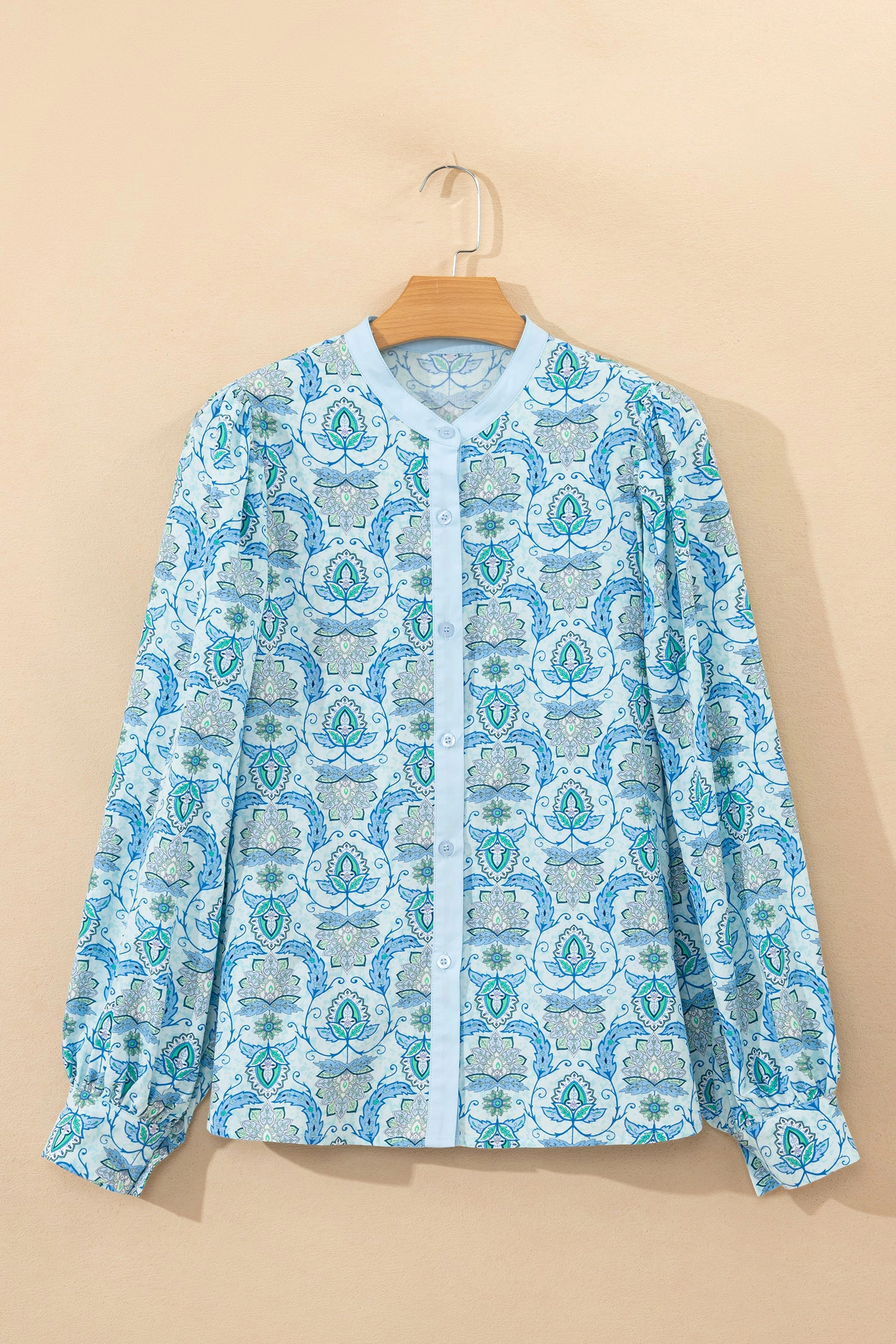 Threaded Pear Womens Micah Puff Sleeve Loose Shirt - Paisley Print, Sky Blue