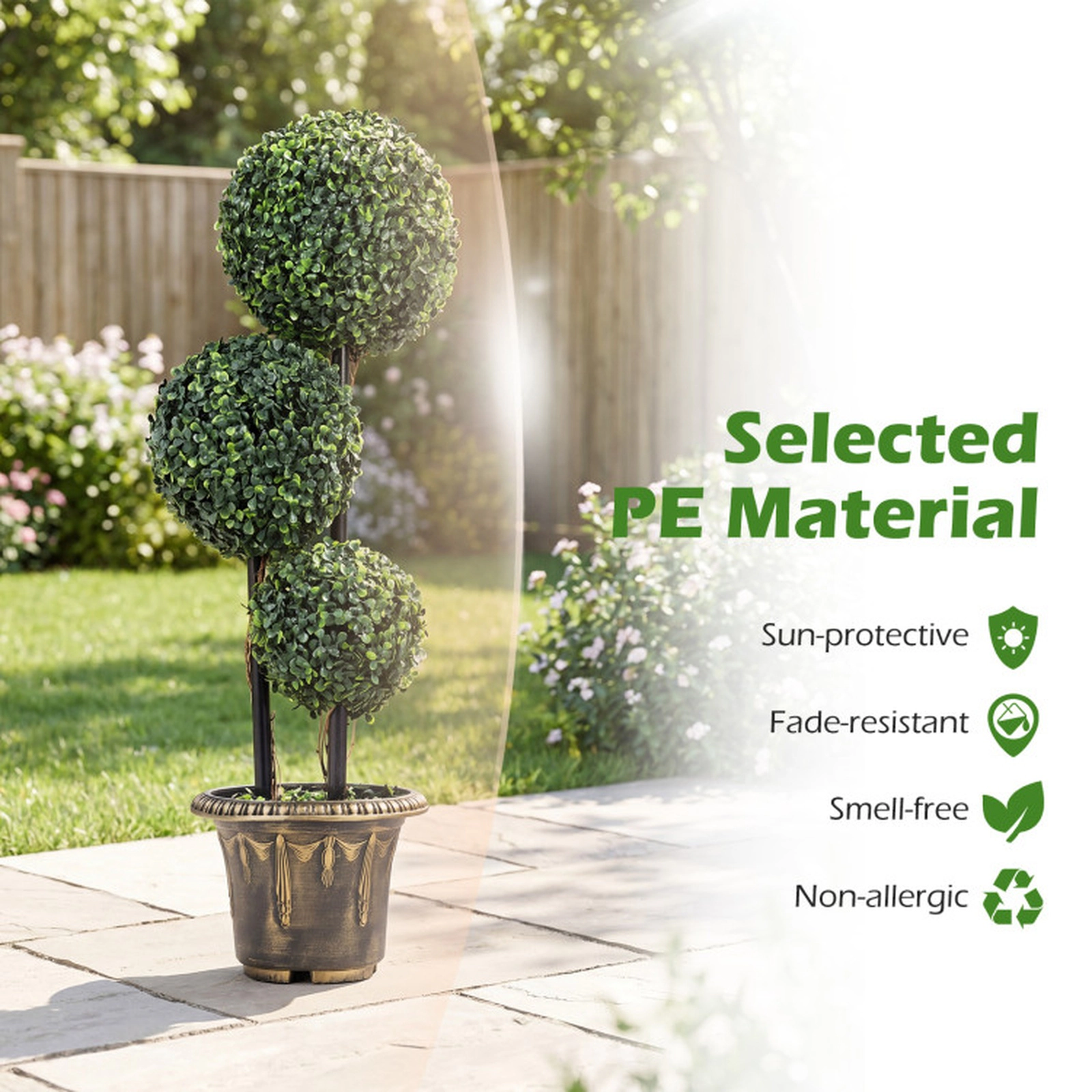 SUGIFT Layered Triple-Ball Boxwood Artificial Topiary Tree 35-in Tall Green Black Golden