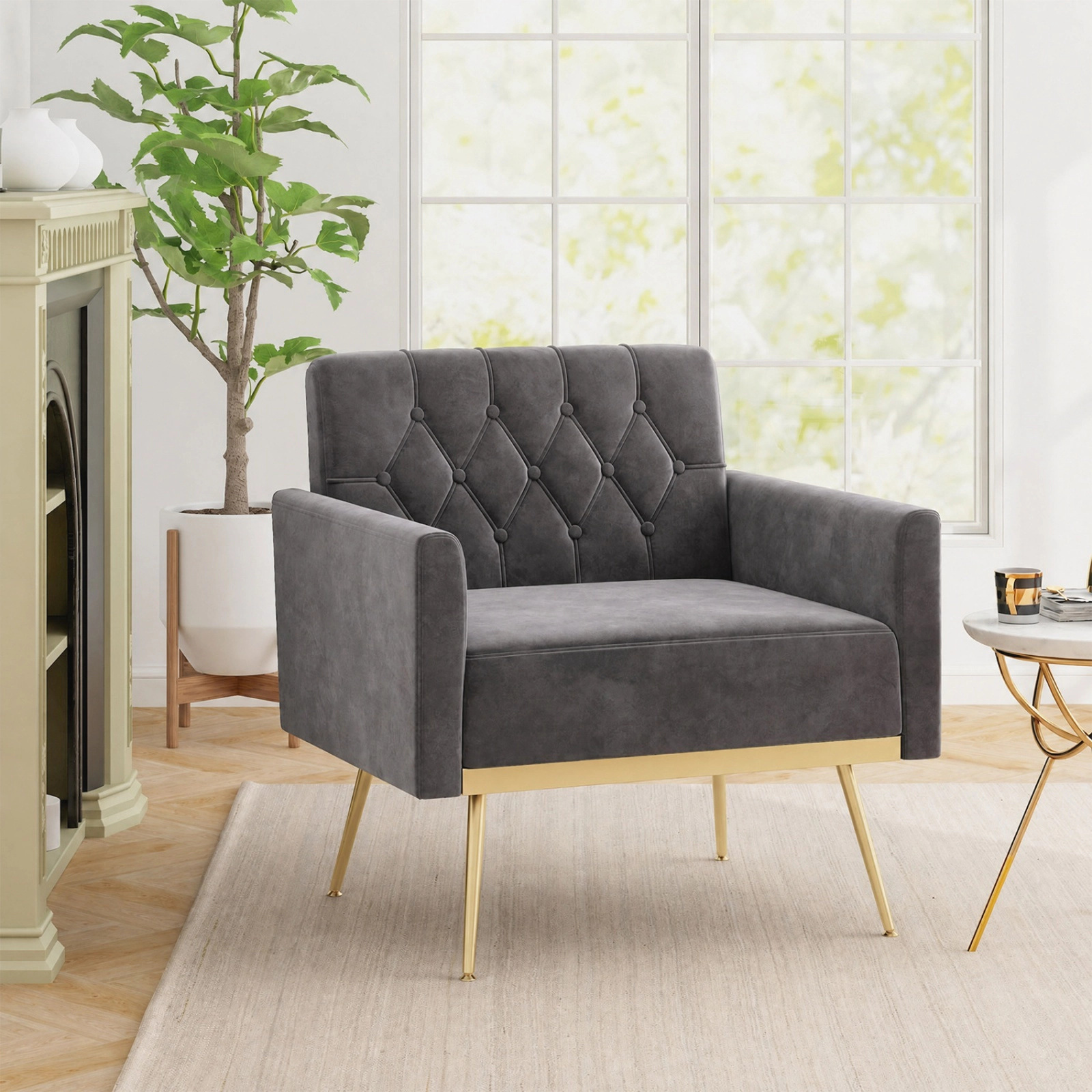 SUGIFT Modern Velvet Upholstered Accent Chair with Button-Tufted Back and Adjustable Feet 350-lb Capacity Gray