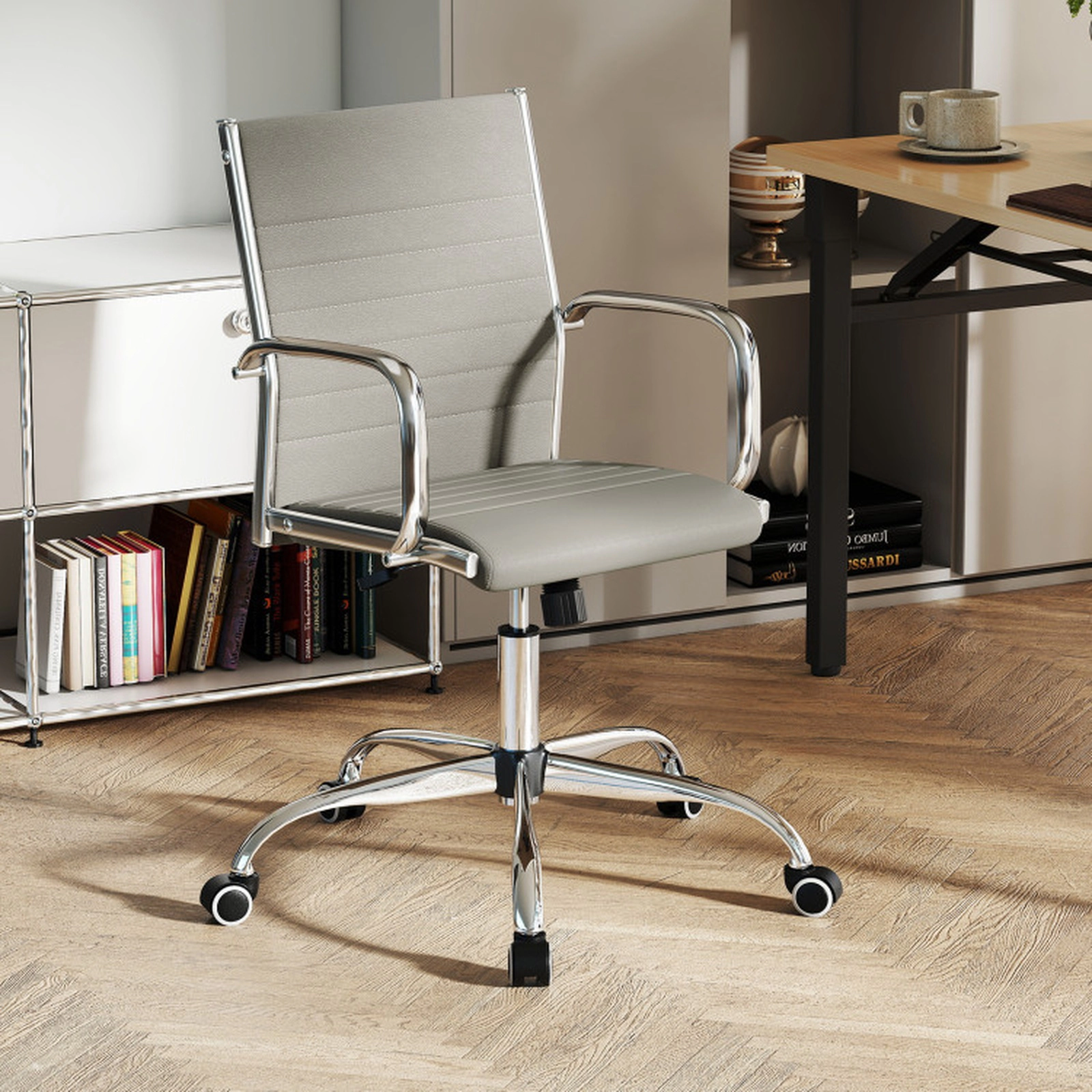 SUGIFT 330-lb Capacity Grey Ribbed PU Leather Rolling Desk Chair with S-Shaped Backrest and Rocking Function