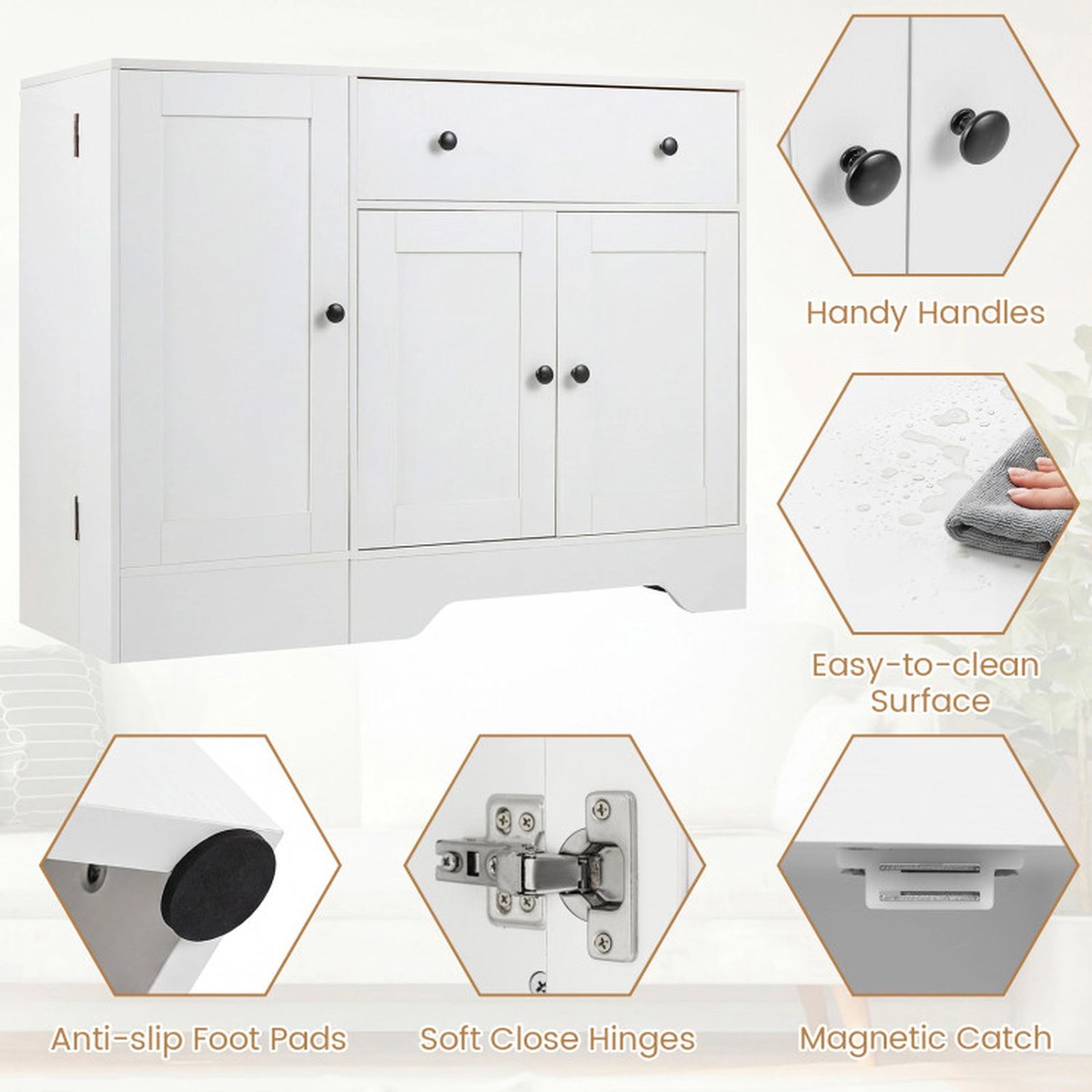 SUGIFT 41.5-in Lockable Rolling Wheel Door 3 Shelves Drawer Coffee Bar Cabinet 16-in D x 33-in H 290-lb Capacity White