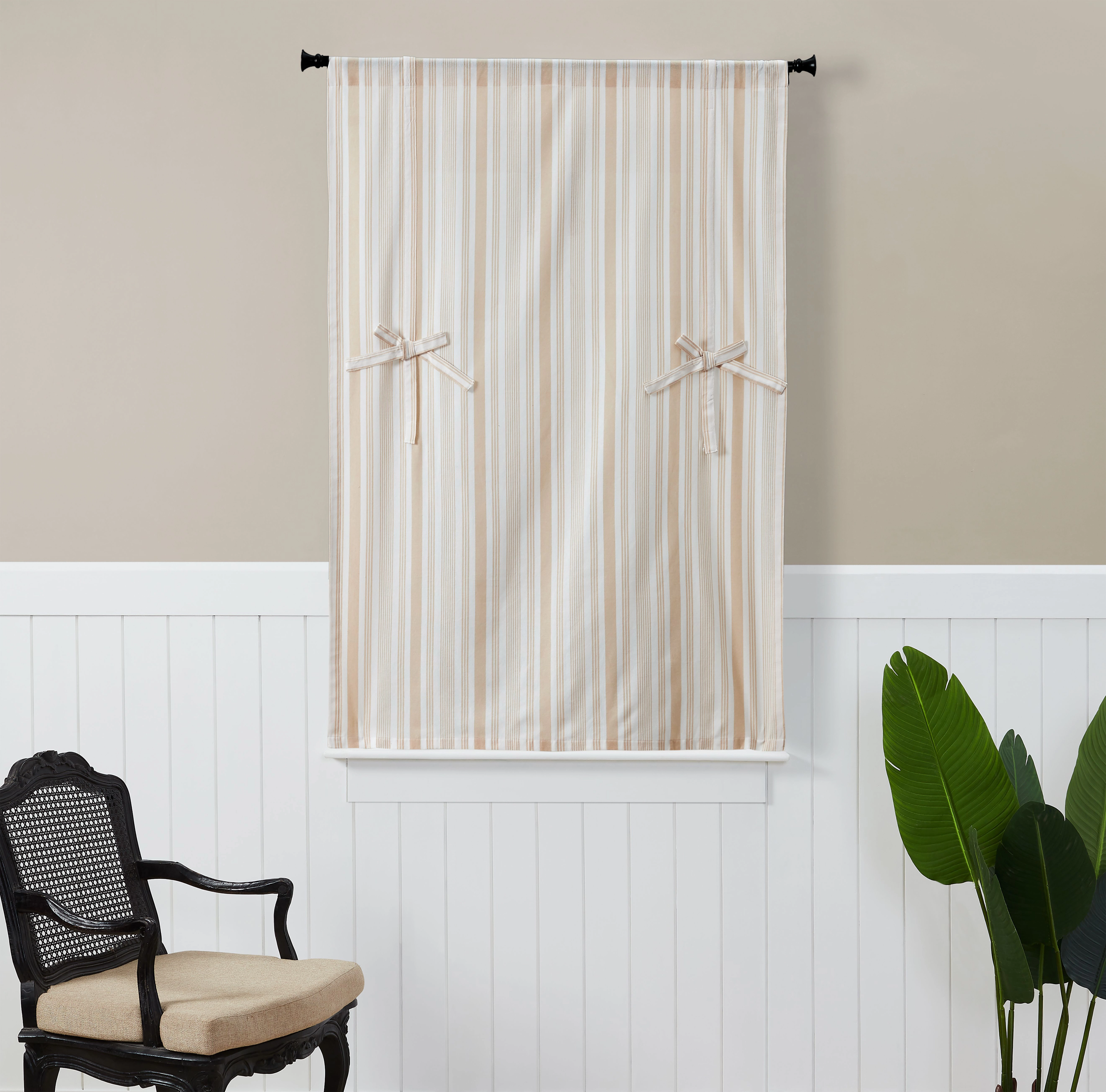 Kate Aurora Country Farmhouse Cotton Striped Tie Up Window Curtain - 63 in. Long - Taupe