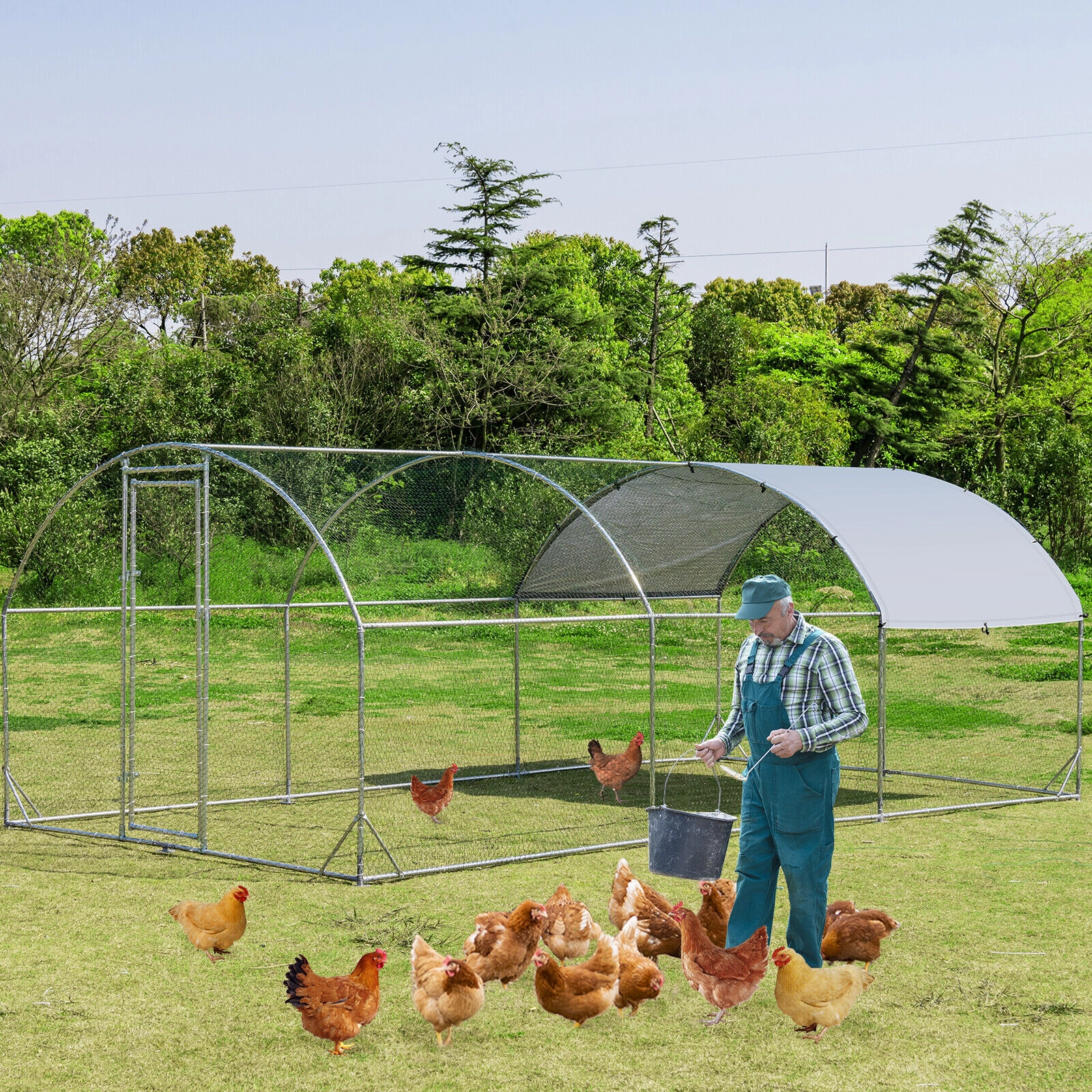 SUGIFT Silver 19-ft Galvanized Metal Chicken Coop with Waterproof Oxford Cover and Lockable Latch Door