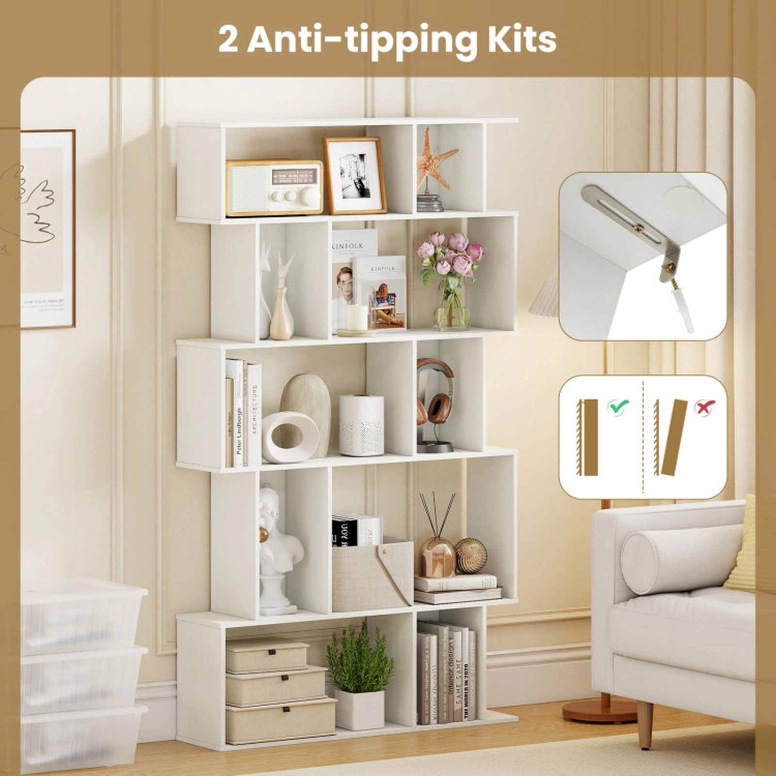 SUGIFT Set of 2 5-Tier 200-lb Capacity White 62-in Tall Geometric Bookshelf with Open and Closed Back Shelves