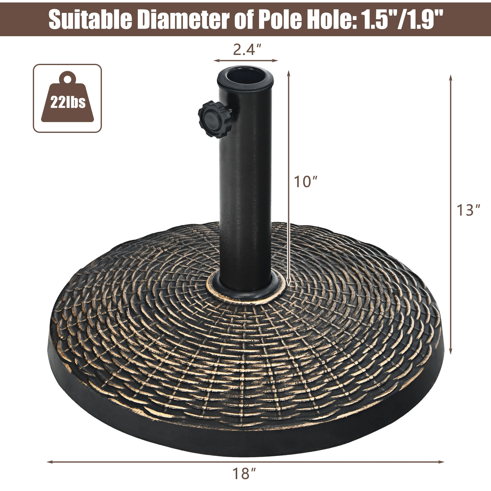 Slickblue Round Patio Umbrella Base 22 lb Resin Steel Support 1.5–1.9 Inch Pole Adapter