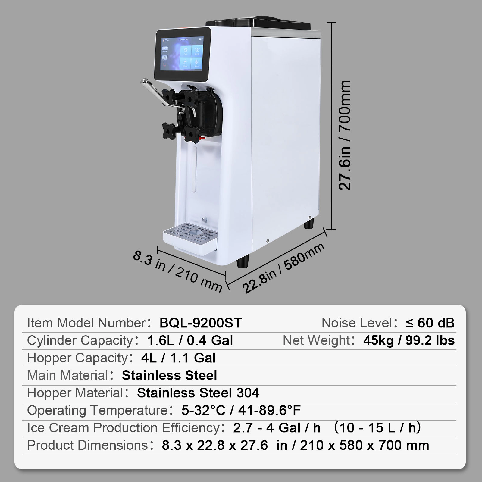 HONGGE Commercial Ice Cream Machine, Countertop Soft Serve Ice Cream Maker, 4L Hopper Cylinder, Auto Clean Pre-cooling