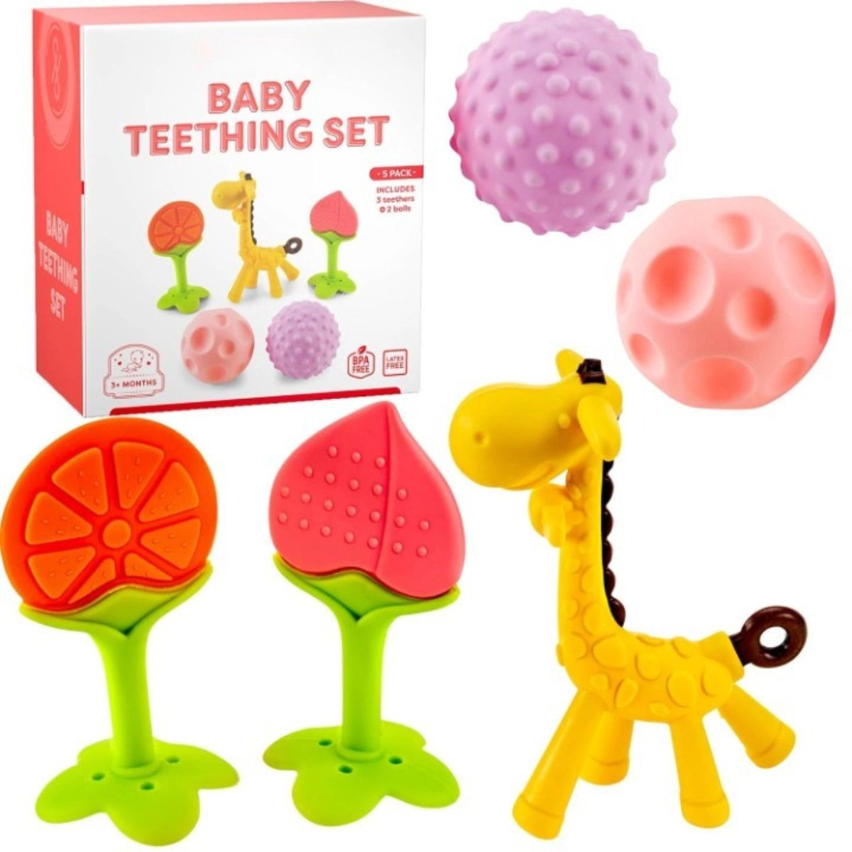 Sperric Silicone Baby Teething Toys 5 Pack, Sensory Balls & Fruit Teethers for Infant 0‑12 Months, BPA‑Free Freezer Safe
