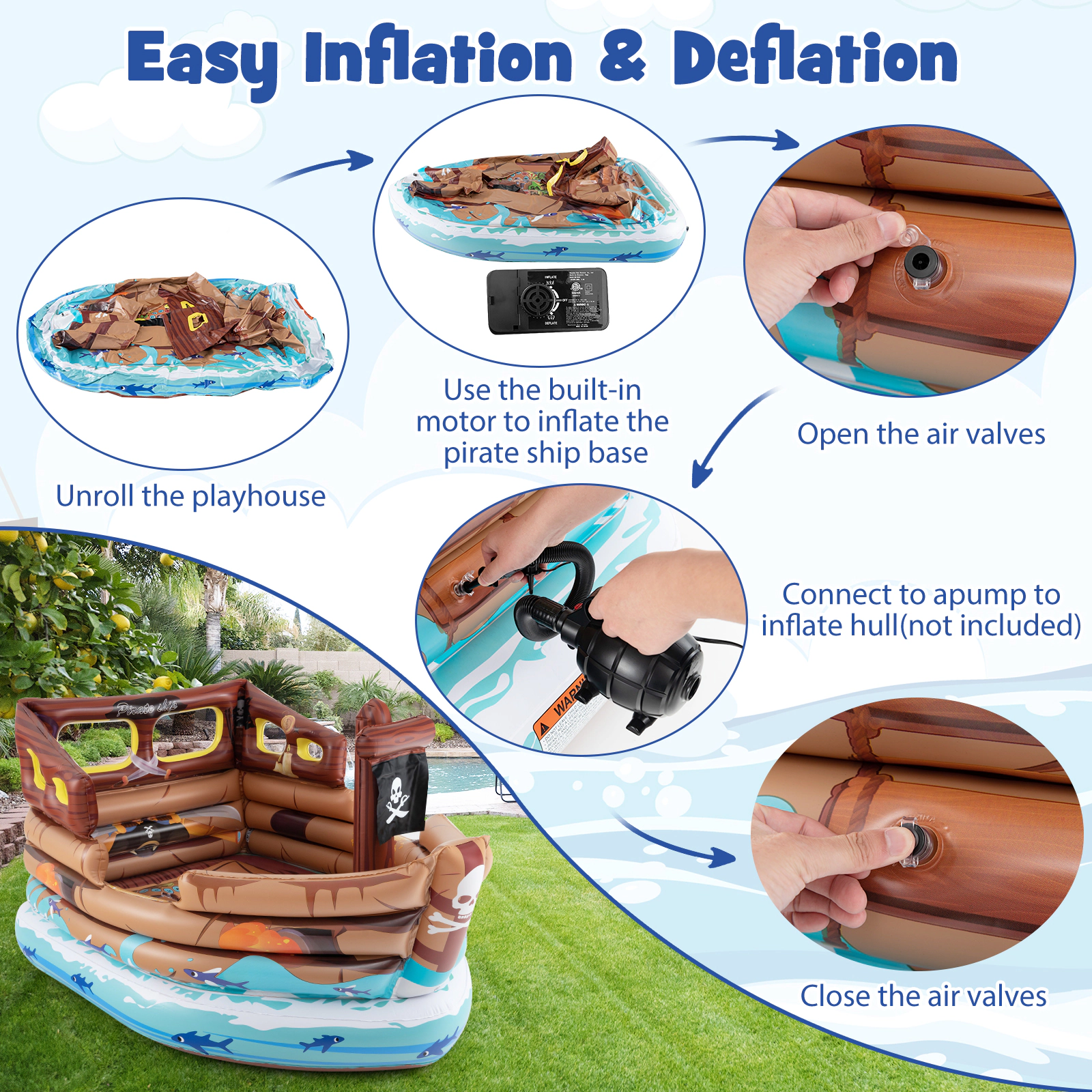 Hivvago Inflatable Pirate Ship Playhouse with Built-in Motor and Inflatable Toy Sword