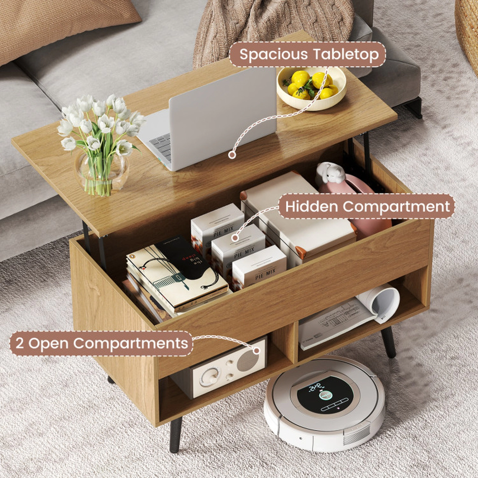SUGIFT 31.5-in 23.5-in Lift Height Hydraulic Lift-Top Coffee Table with Hidden Storage and 2 Open Shelves