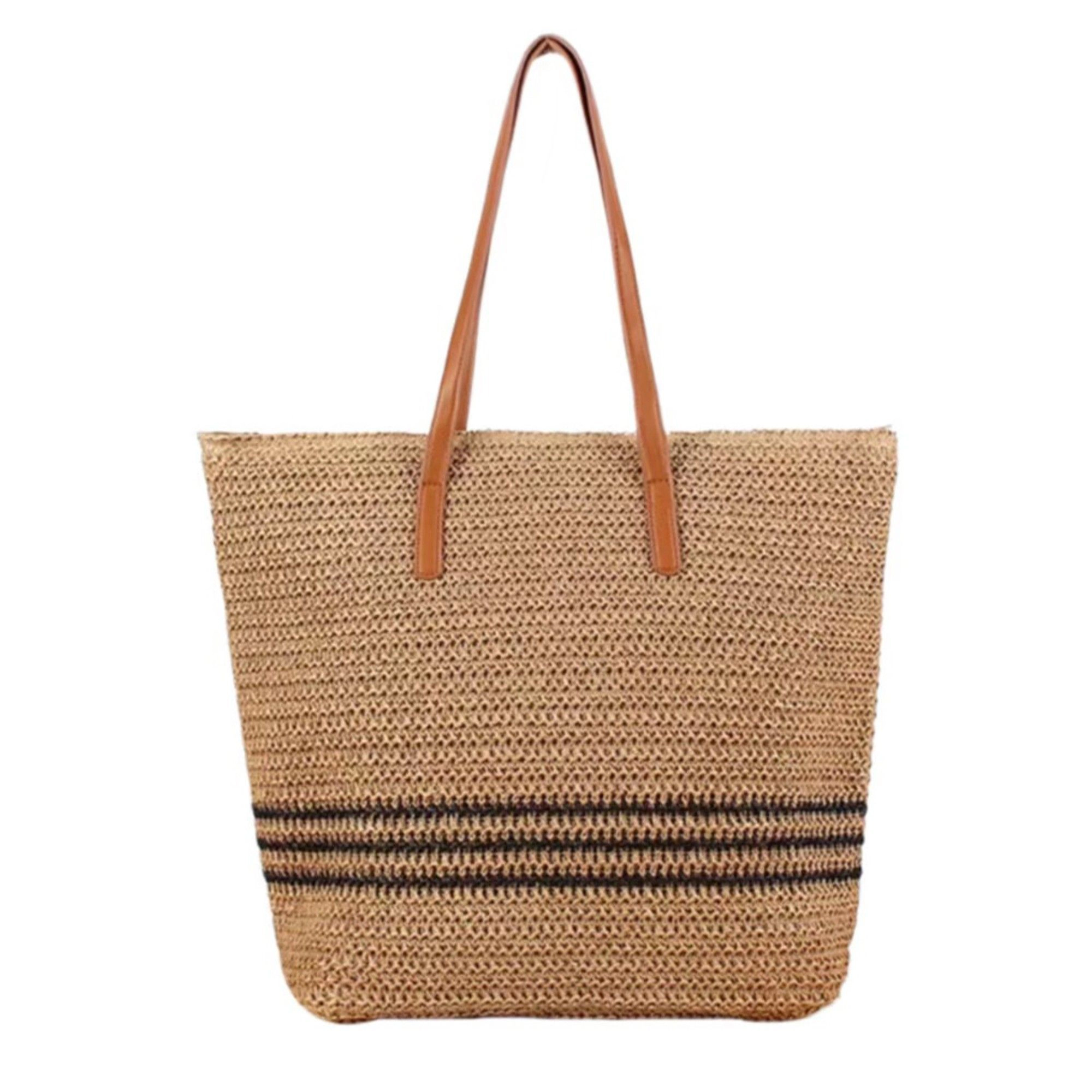Alilang Women's Woven Crochet Tote Bag with Striped Pattern Leather Shoulder Strap Lightweight Large Capacity Handbag