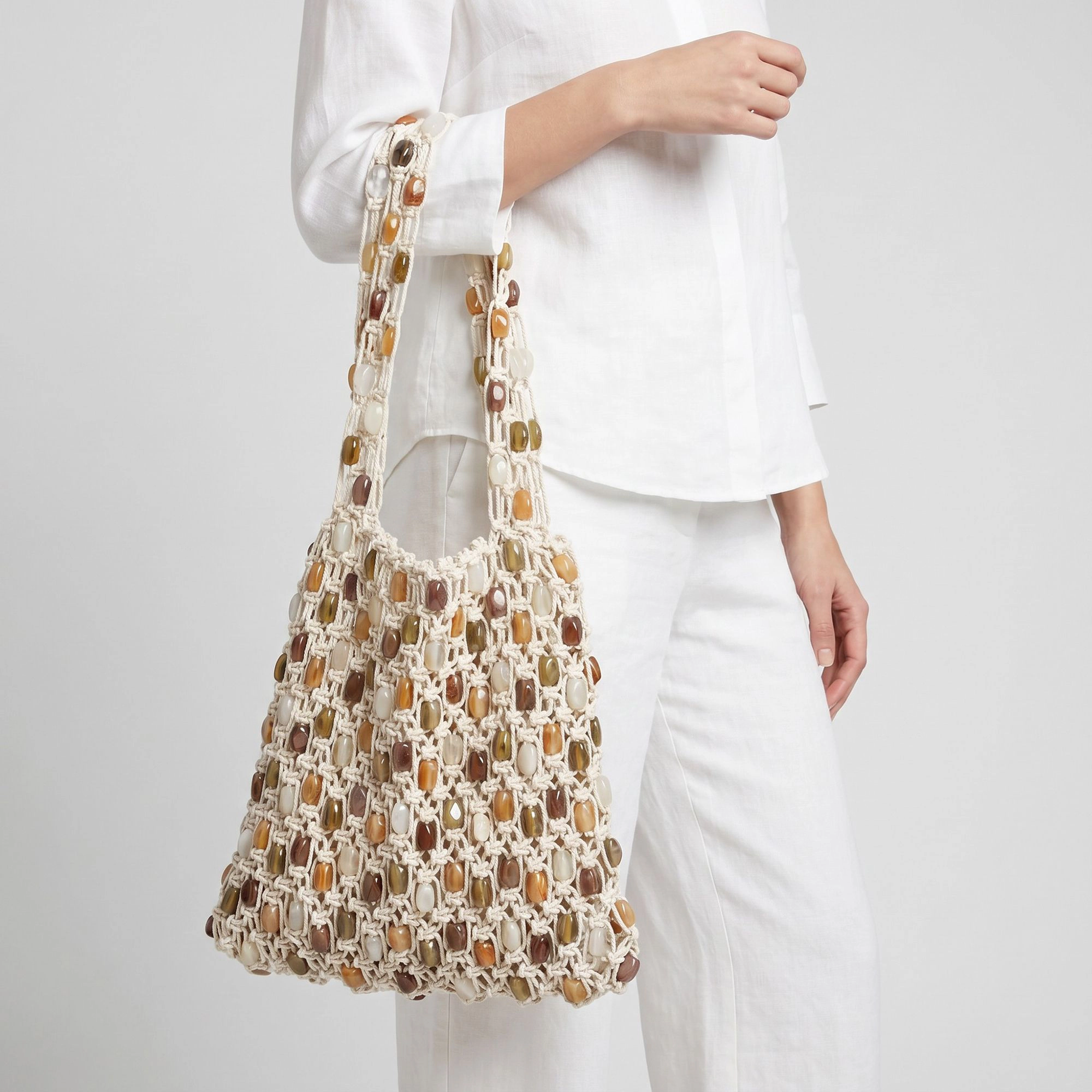Alilang Women's Beaded Shoulder Bag with Open Macrame Design and Double Strap