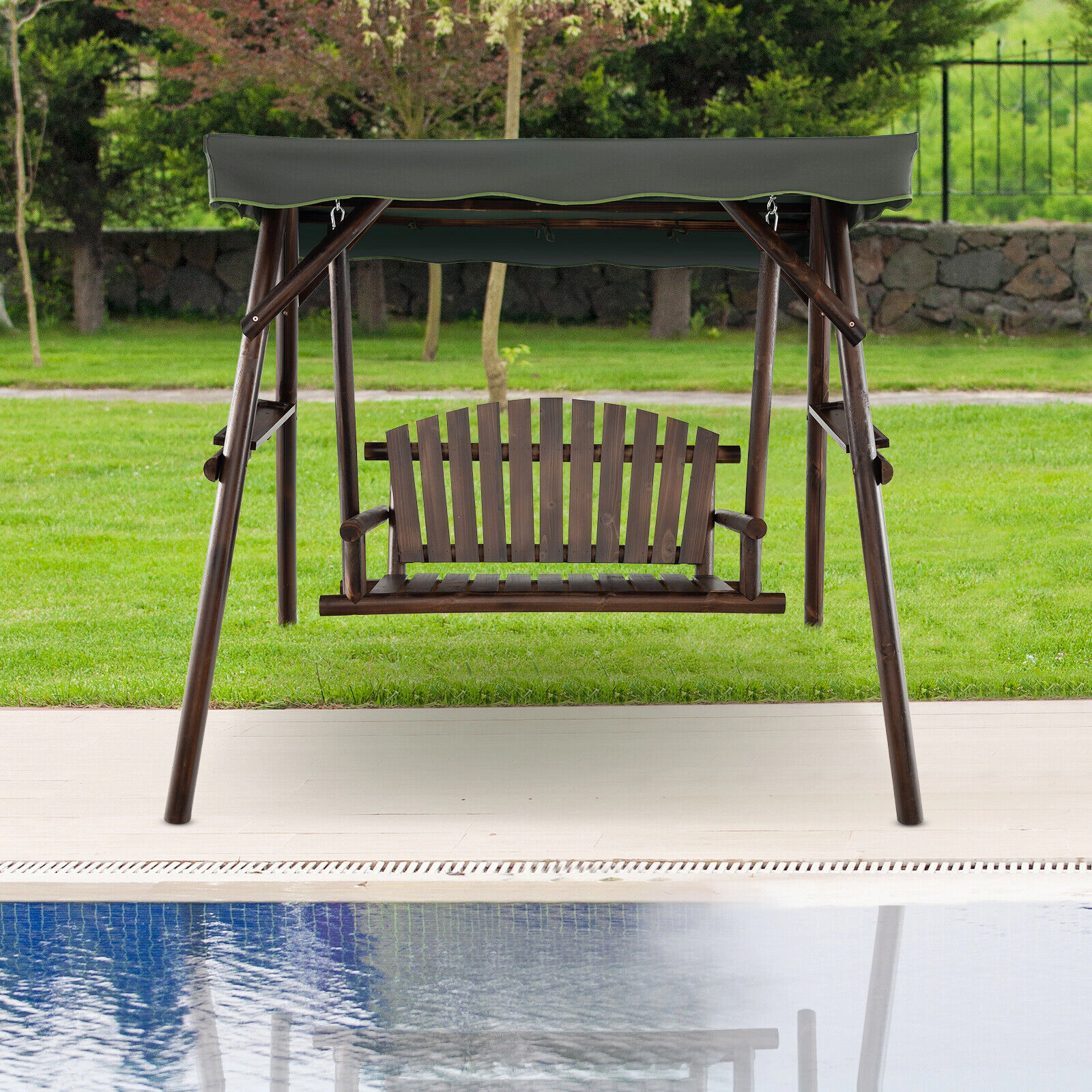 SUGIFT 2-Person Fir Wood Porch Swing with Adjustable Canopy and Side Table, 530 lb Capacity