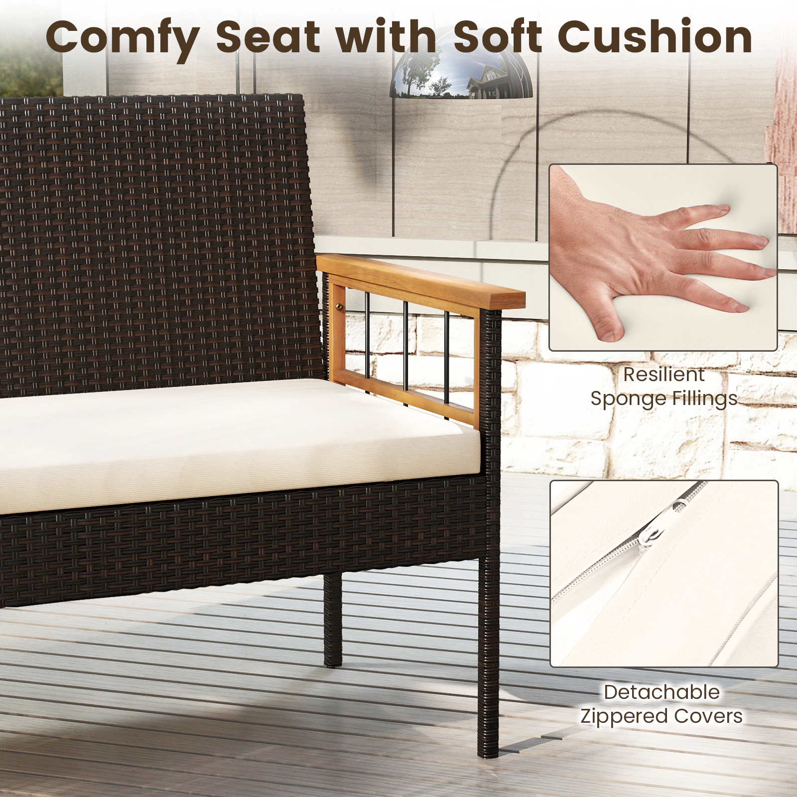 SUGIFT Acacia Wood Tabletop and Armrests 4-Piece White Cushioned Wicker Patio Set