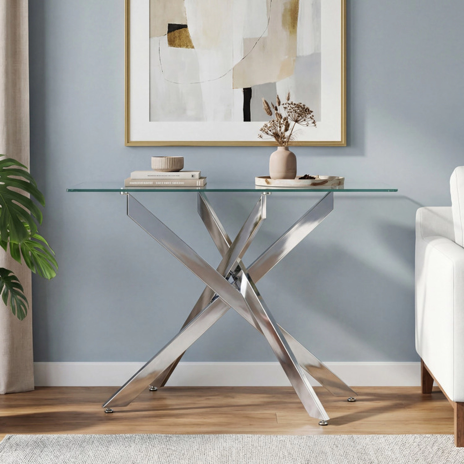 SUGIFT Tempered Glass Top Modern Console Table 31-in Tall 110-lb Capacity 1-Piece Silver