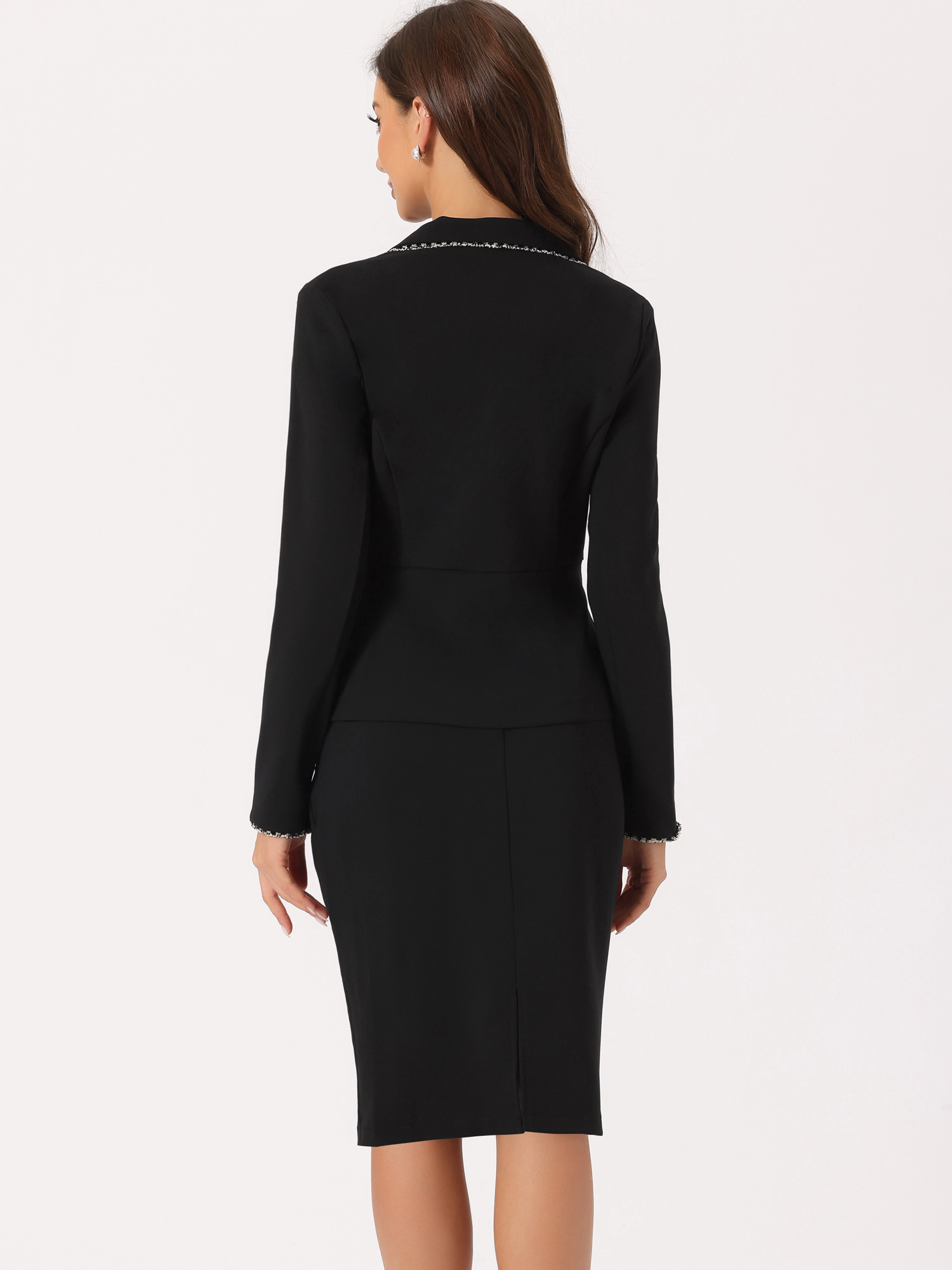 INSPIRE CHIC Women's 2 Pieces Business Tweed Trim Blazer and Skirt Suit Set