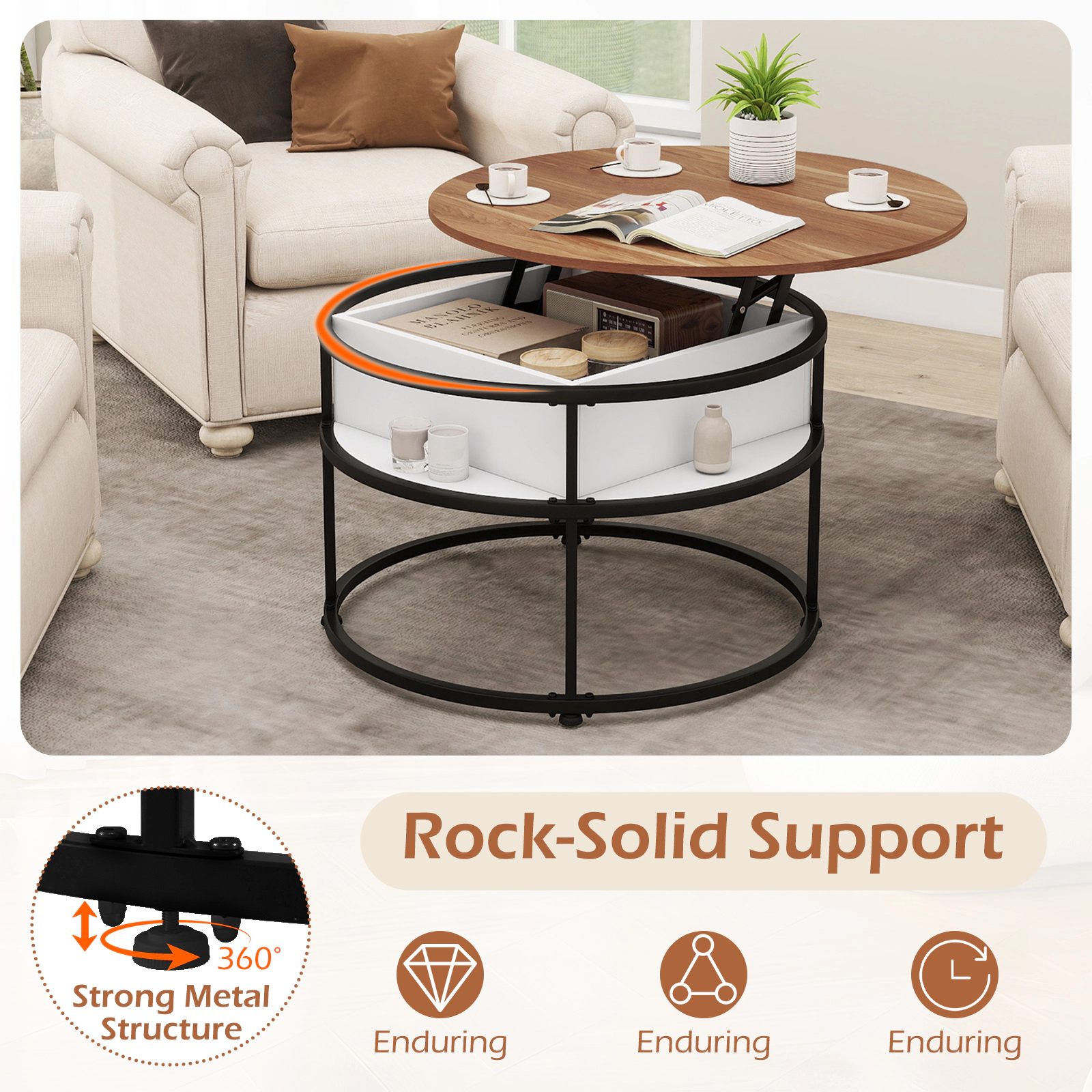 Glintex 31.5-Inch Round Lift-Top Coffee Table with 4 Side Shelves