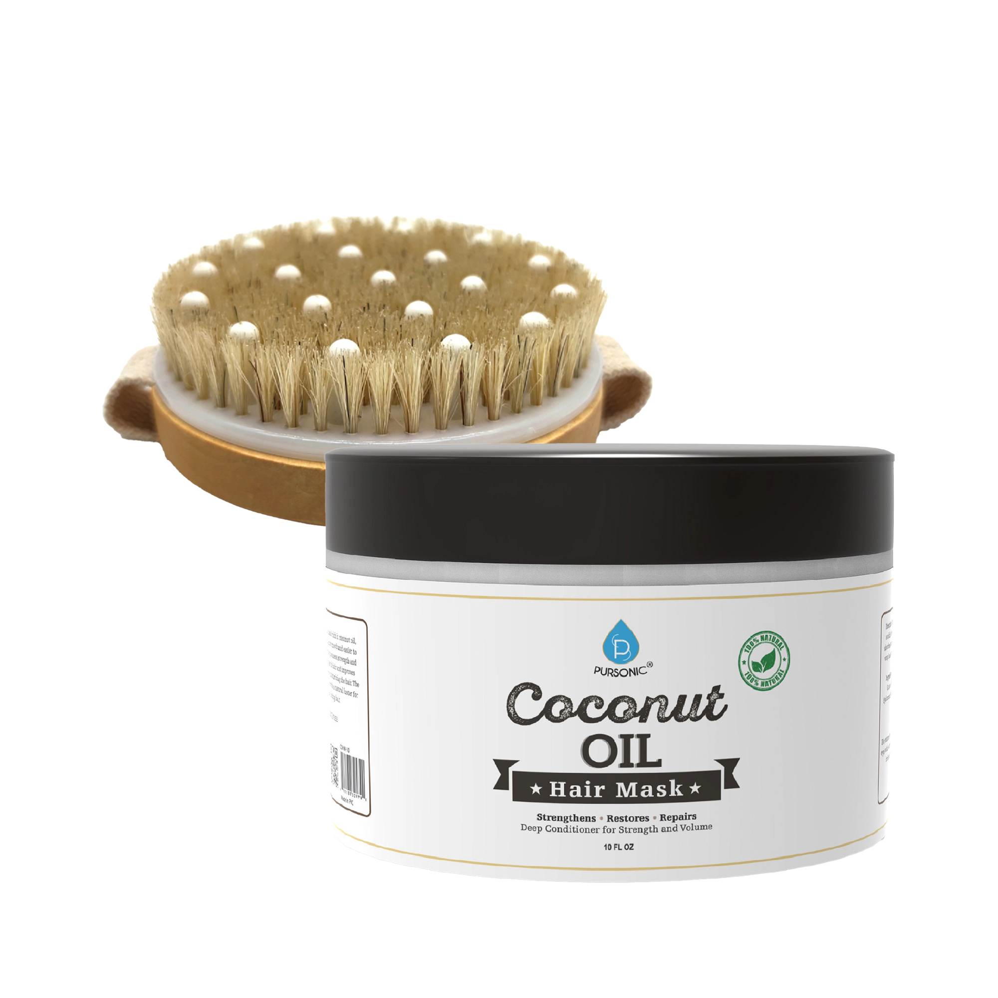 Pursonic Unisex Hair Care & Body Massage Wellness Bundle with Coconut Oil Hair Mask, Bath Brush & Wooden Rubber Massager
