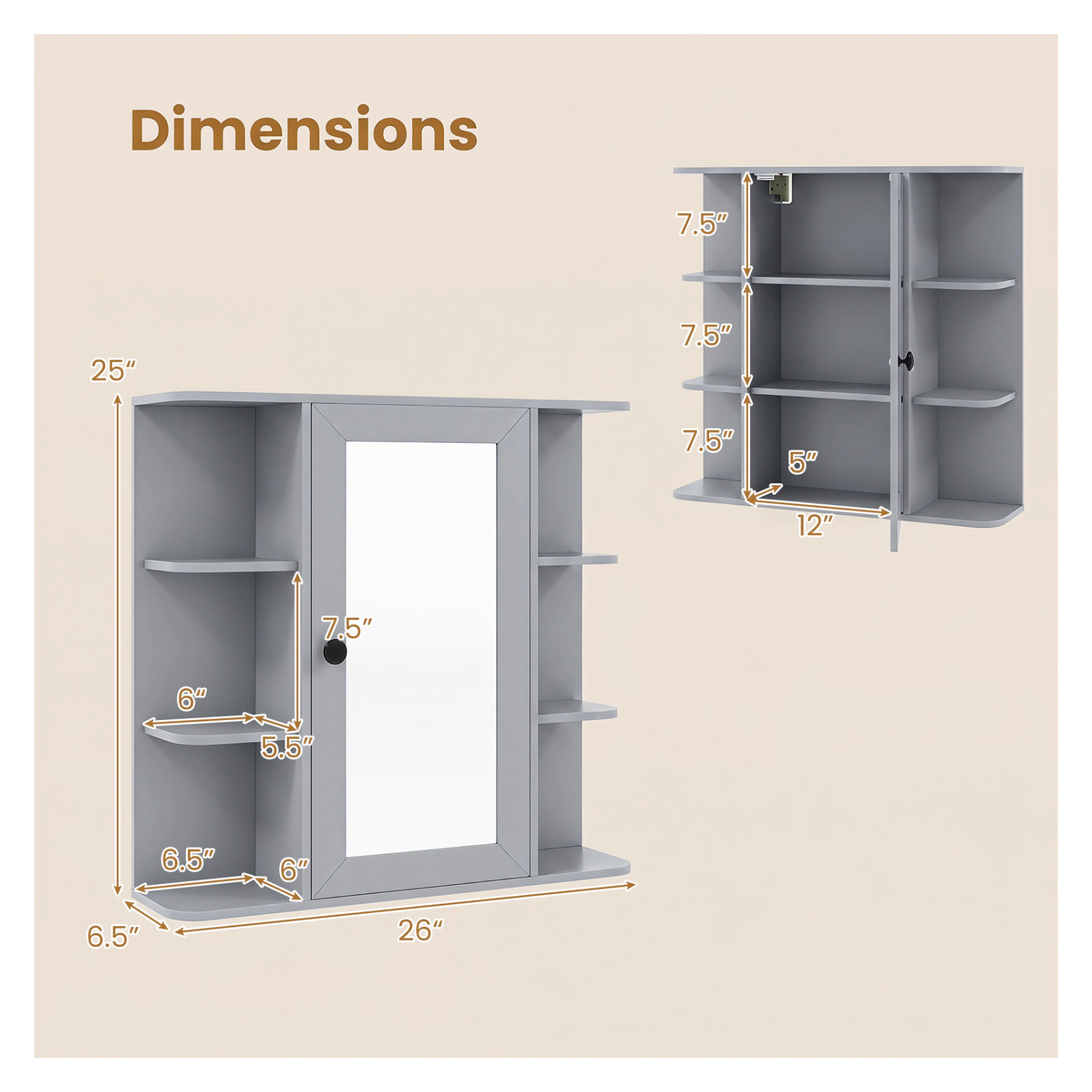 Glintex Wall-Mounted Medicine Cabinet with Mirrored Door and 6 Open Shelves
