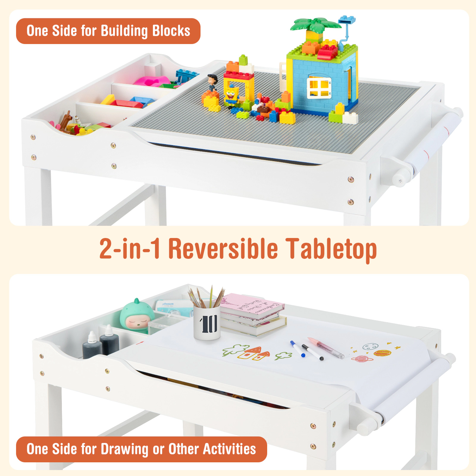 SUGIFT Wooden Kids Multi Activity Play Table with Double-Sided Tops Storage and 9.8-ft Paper Roll Ages 3+ Natural White