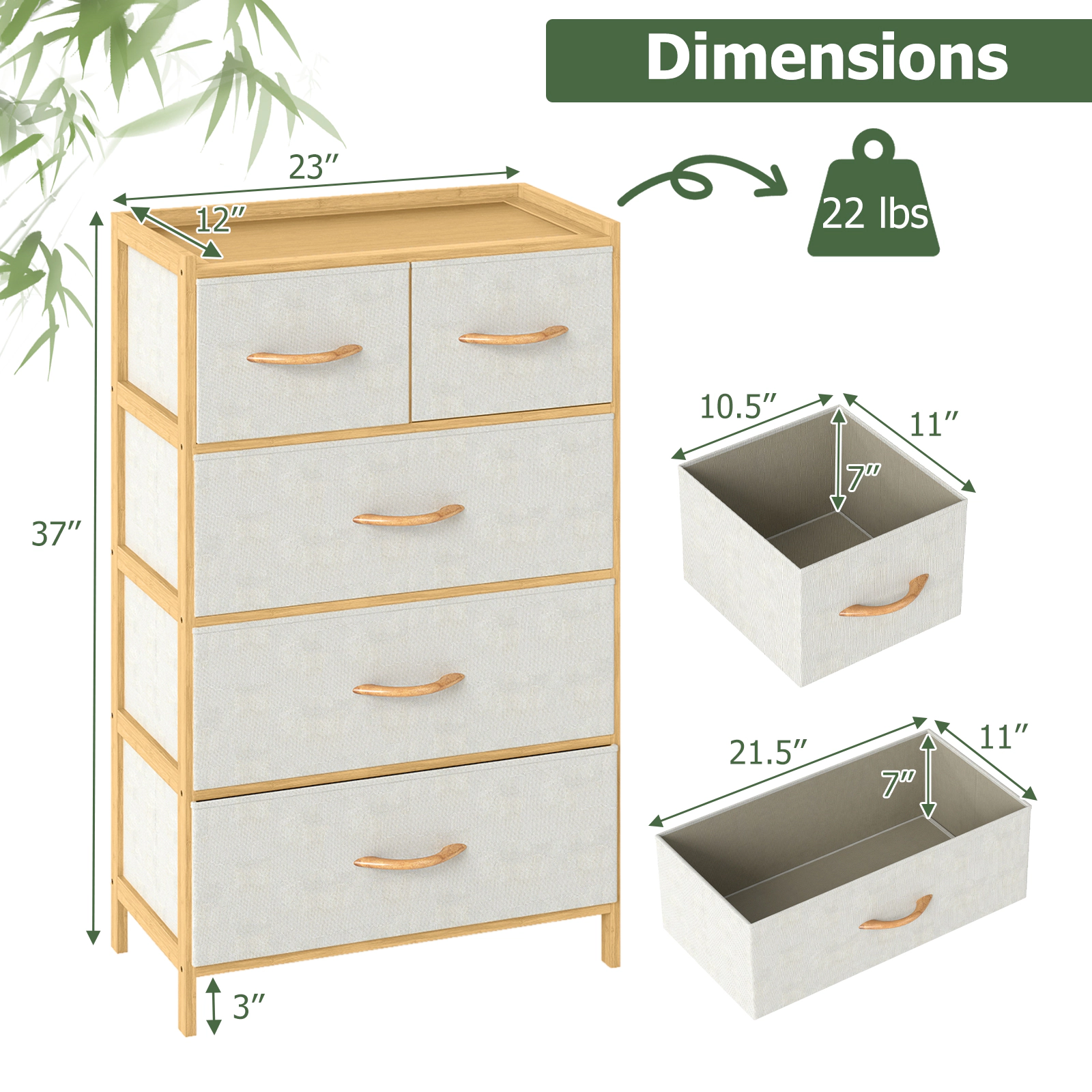 Glintex 5-Drawer Bamboo Dresser with Raised-Edge Top and Beech Handles, Natural