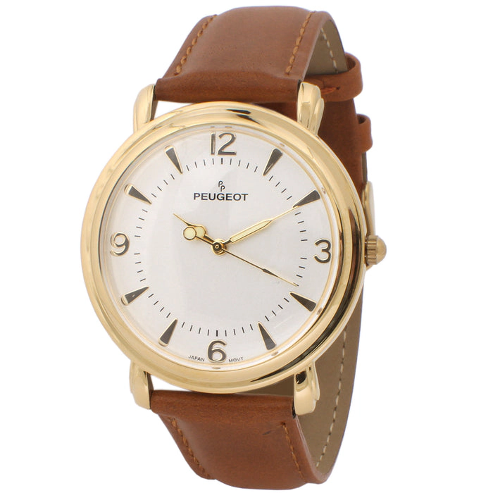 Peugeot Men 38mm Gold Retro Design Calf Skin Leather Strap watch