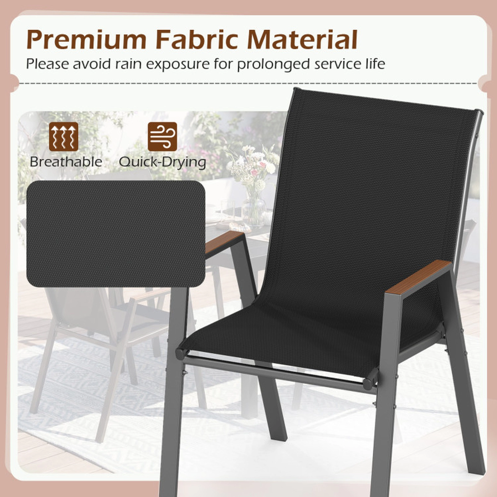 SUGIFT Set of 4 Stackable High-Back Patio Sling Chairs 400-lb Capacity with 19.5-in Backrest and Wood-Plastic Armrests